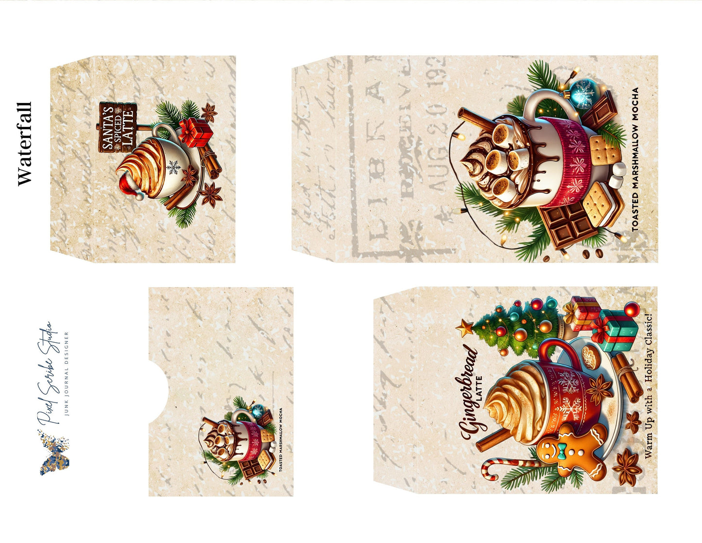 Santa's Latte Printable Folio Gift Card Holder Kit, Cozy Christmas Junk Journal Folio, Tea Bag Holder, Gift Card Pocket, Holiday Ephemera