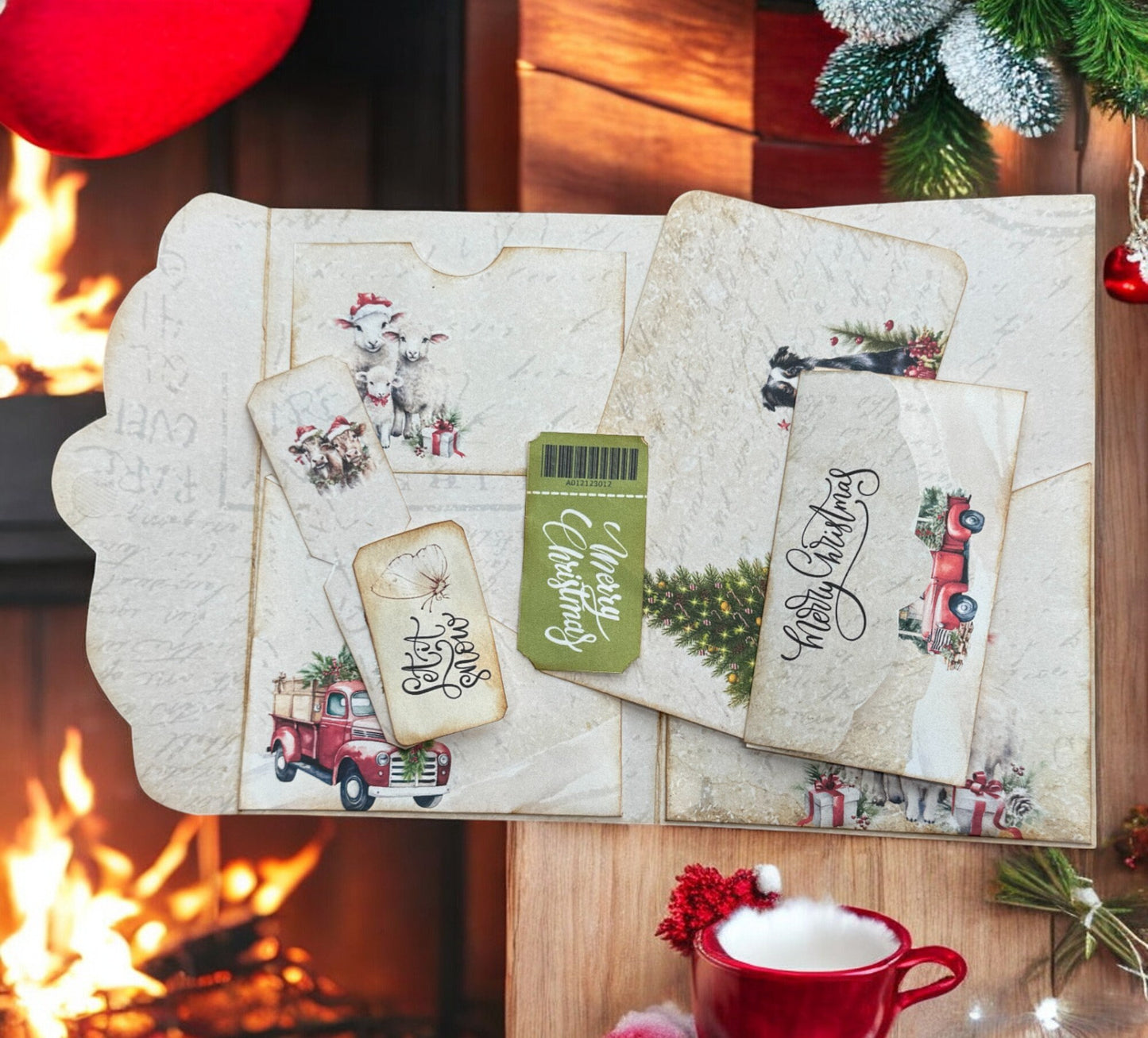 Rustic Christmas On The Farm Folio, Vintage Farmhouse Junk Journal, Rustic Barn Pages, Cozy Farm Animals, Homespun Theme