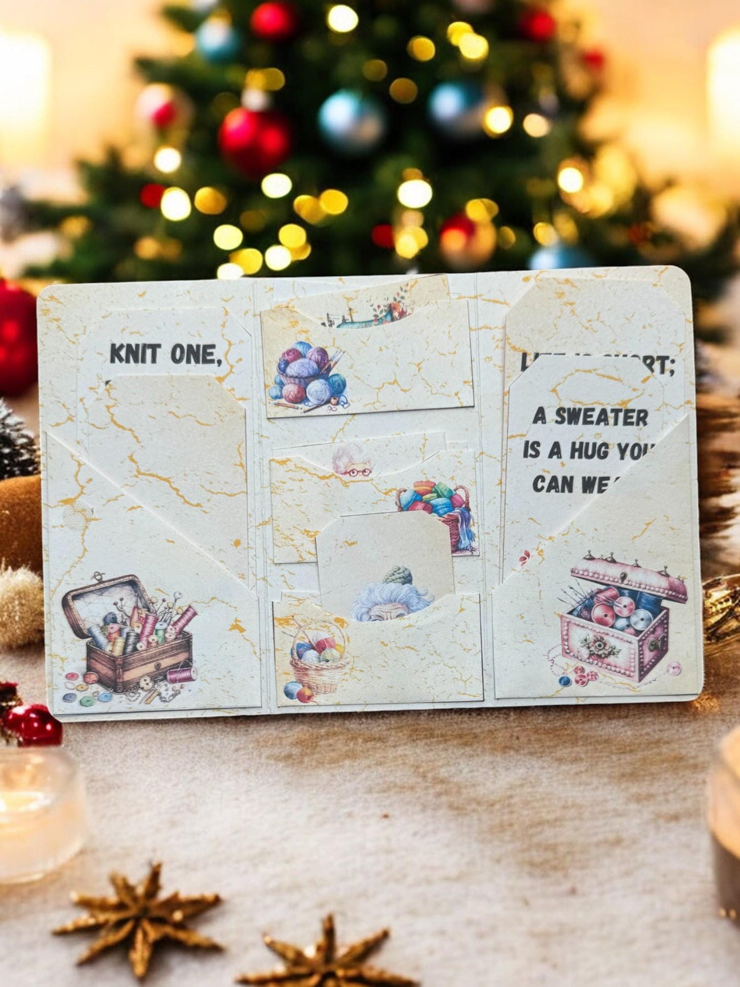 Knitting Is Like Love Gift Card Holder | Ugly Sweater Inspired Book | Handmade Folio For Mom | Patchwork Art Journal | Small Yarn Folio Book