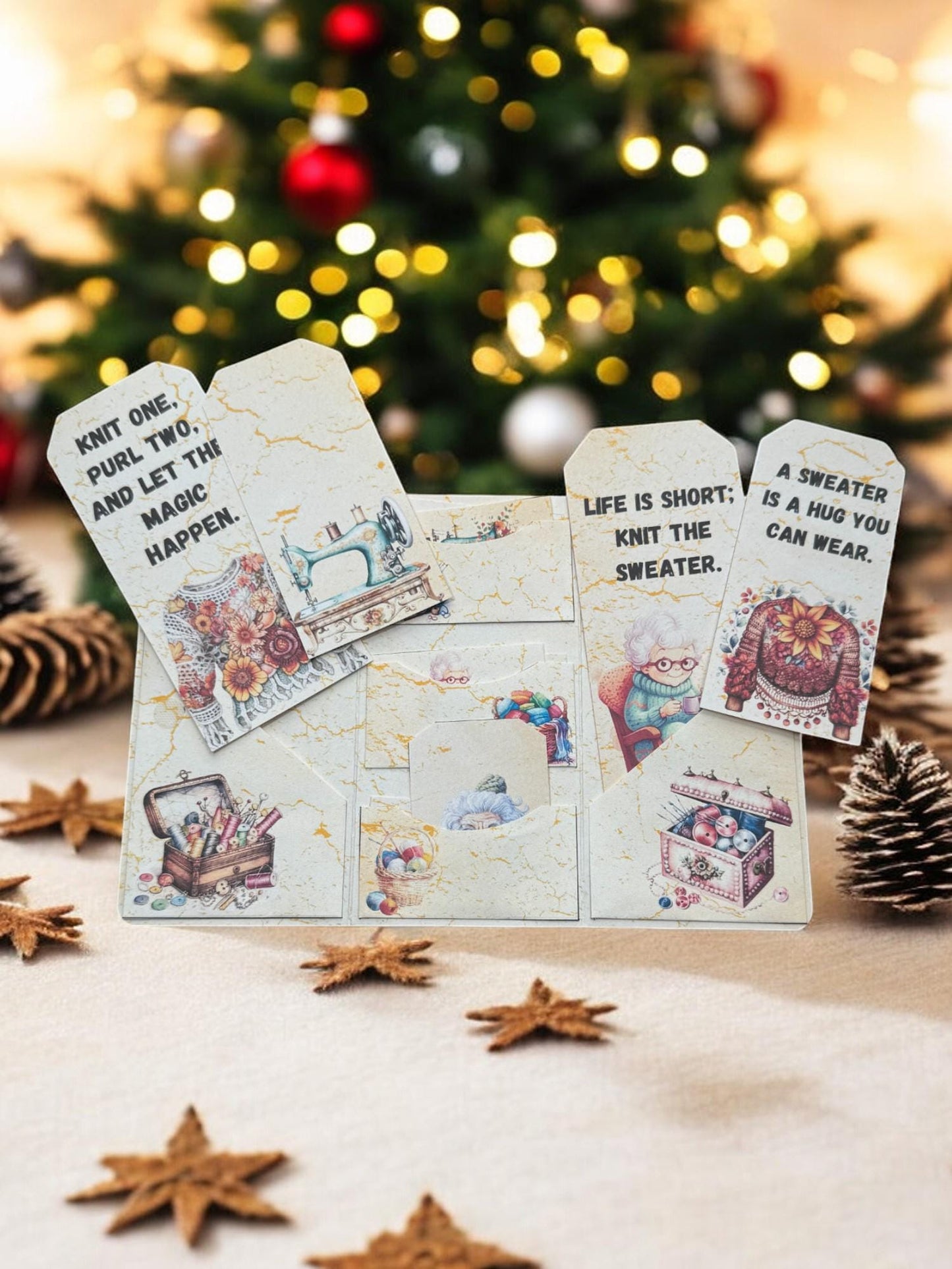 Knitting Is Like Love Gift Card Holder | Ugly Sweater Inspired Book | Handmade Folio For Mom | Patchwork Art Journal | Small Yarn Folio Book