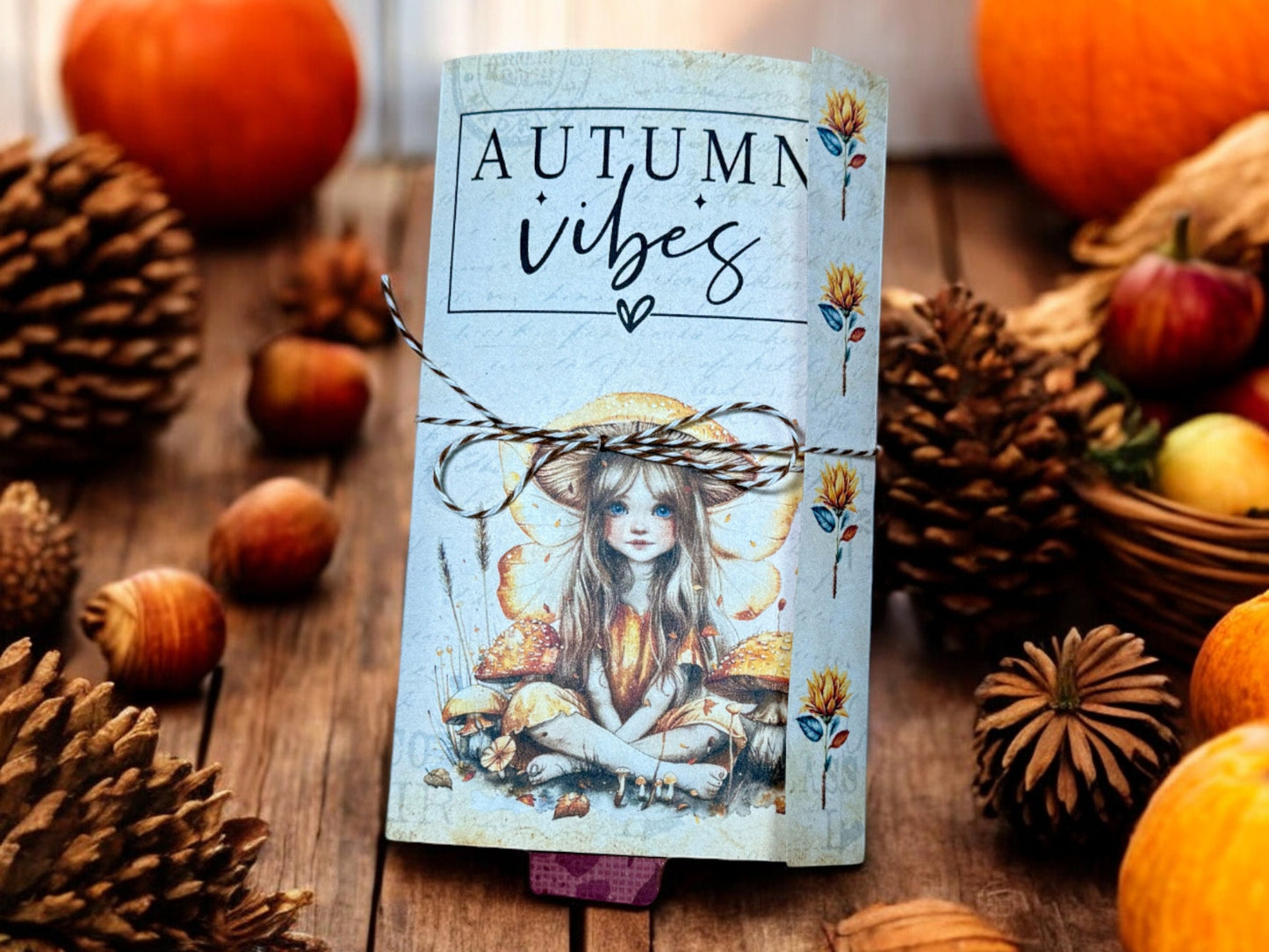 Fairy Autumn Vibes Gift Card Holder, Tea Gift, Junk Journal, Folio, Interactive Waterfall, 4 Layered Pockets, Fall Ephemera, Mushrooms