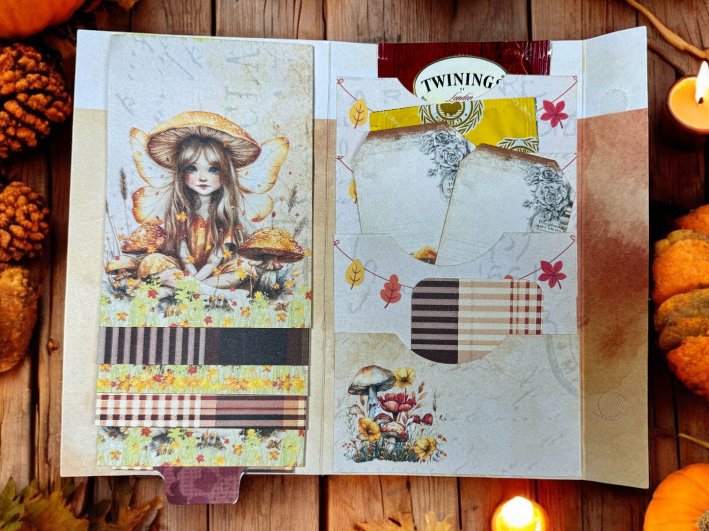 Fairy Autumn Vibes Gift Card Holder, Tea Gift, Junk Journal, Folio, Interactive Waterfall, 4 Layered Pockets, Fall Ephemera, Mushrooms