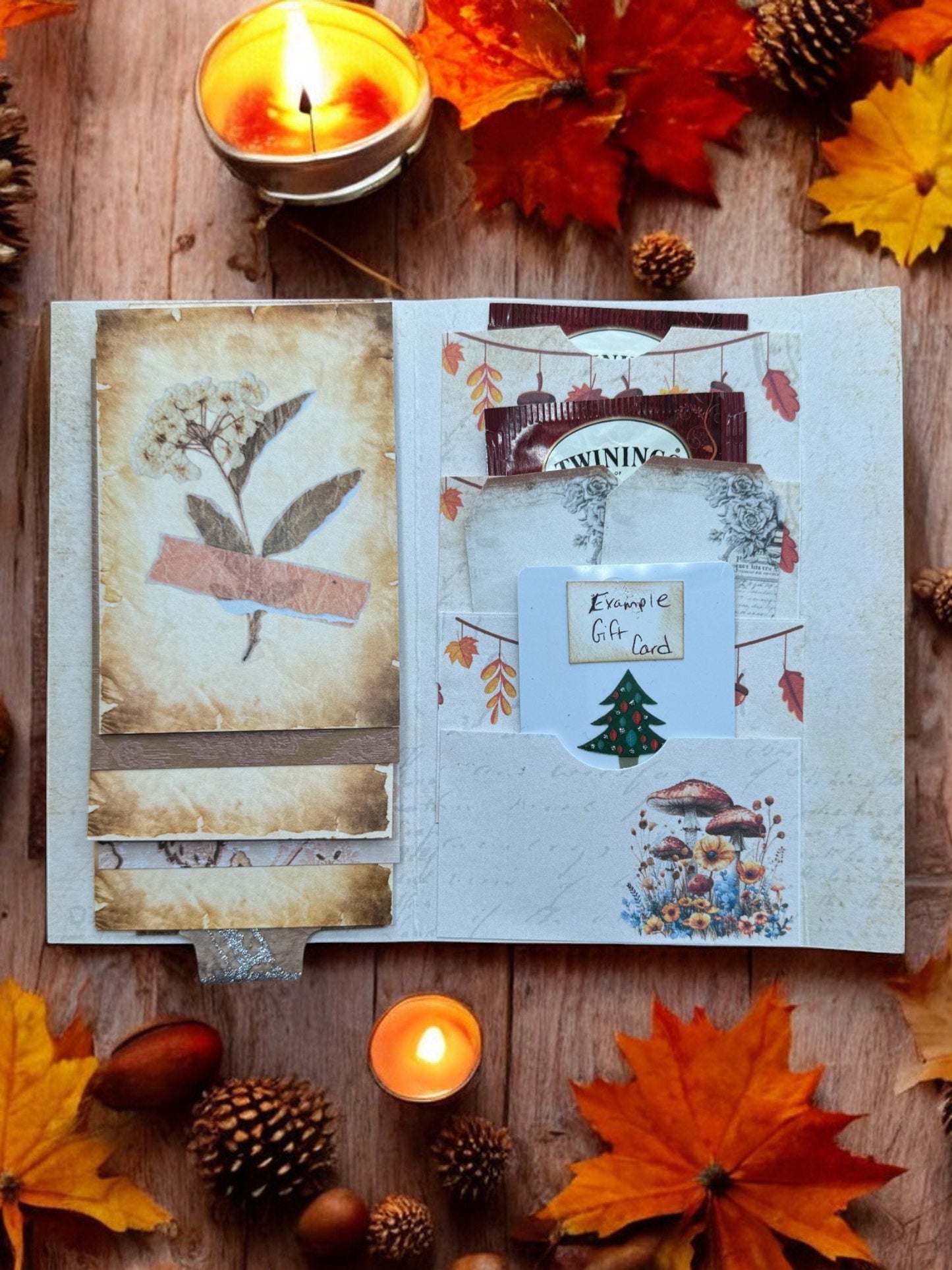 Fairy Autumn Vibes Gift Card Holder, Tea Gift, Junk Journal, Folio, Interactive Waterfall, 4 Layered Pockets, Fall Ephemera, Mushrooms