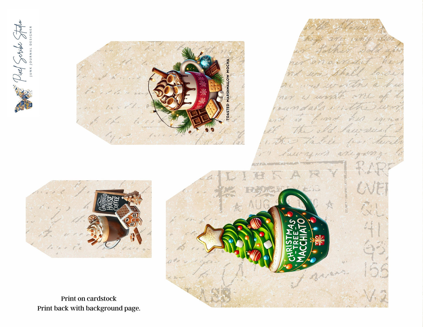 Santa's Latte Printable Folio Gift Card Holder Kit, Cozy Christmas Junk Journal Folio, Tea Bag Holder, Gift Card Pocket, Holiday Ephemera