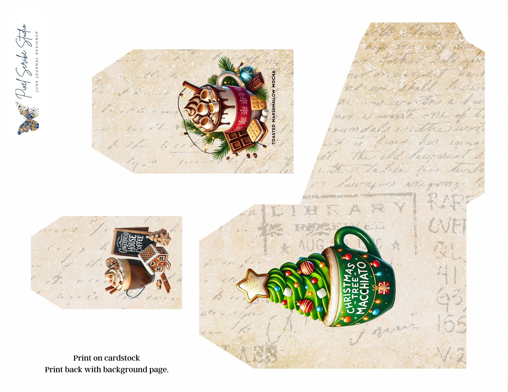 Santa's Latte Printable Folio Gift Card Holder Kit, Cozy Christmas Junk Journal Folio, Tea Bag Holder, Gift Card Pocket, Holiday Ephemera