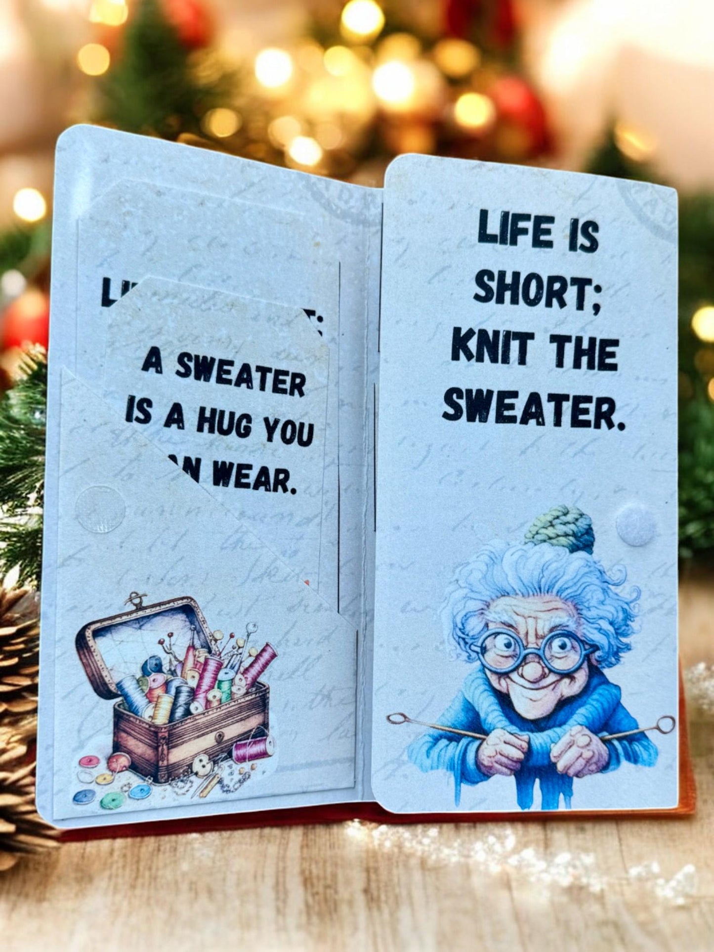 Knitting Is Like Love Gift Card Holder | Ugly Sweater | Handmade Folio For Mom | Patchwork Art Journal | Small Yarn Folio Book