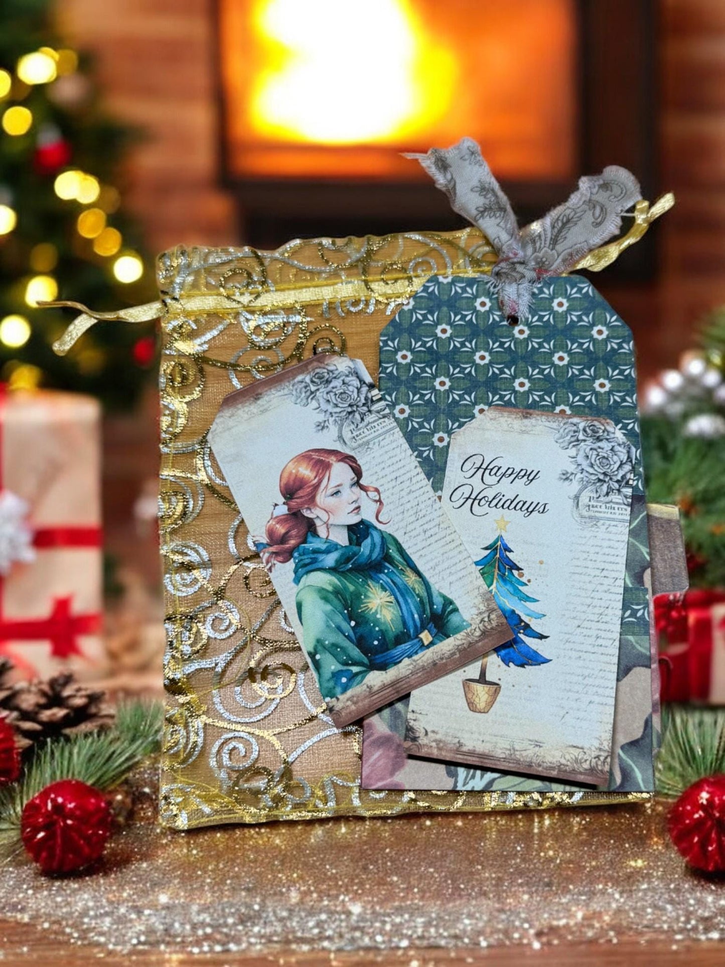 Loaded Green Christmas Junk Journal Tags • Triple‑Pocket Ephemera Tag Kit • Holiday Crafting & Teacher/Office Gift