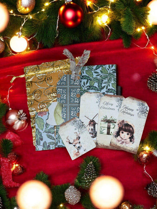 Loaded Green Christmas Junk Journal Tags | Triple Pocket Tag | Mini Notebook |  Ephemera Storage | Holiday Gift Giving | Teacher/Office Gift