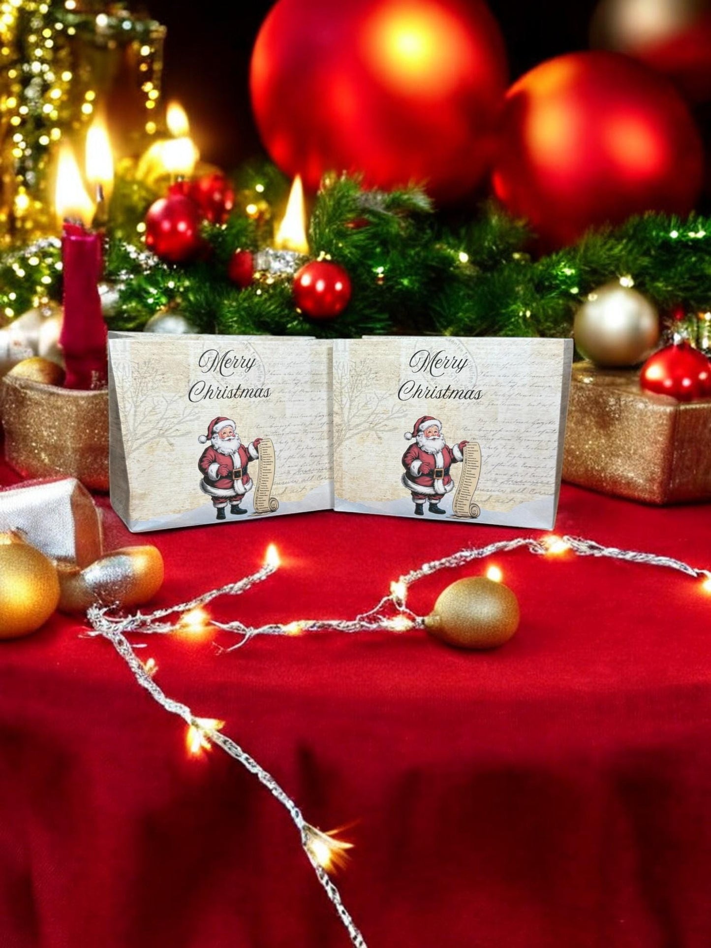 Santa & Scroll Gift Bag – 7″ × 6″ Handmade Christmas Favor, Merry Christmas Vintage Paper Bag (Peppermint Lane Collection)