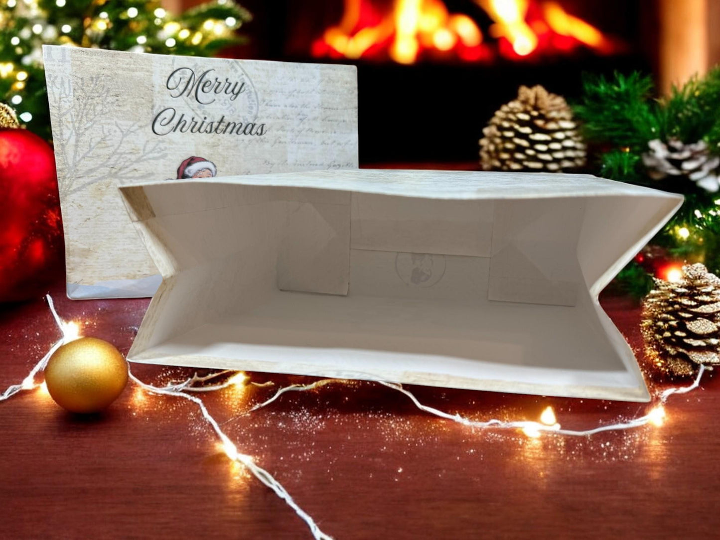 Santa & Scroll Gift Bag – 7″ × 6″ Handmade Christmas Favor, Merry Christmas Vintage Paper Bag (Peppermint Lane Collection)