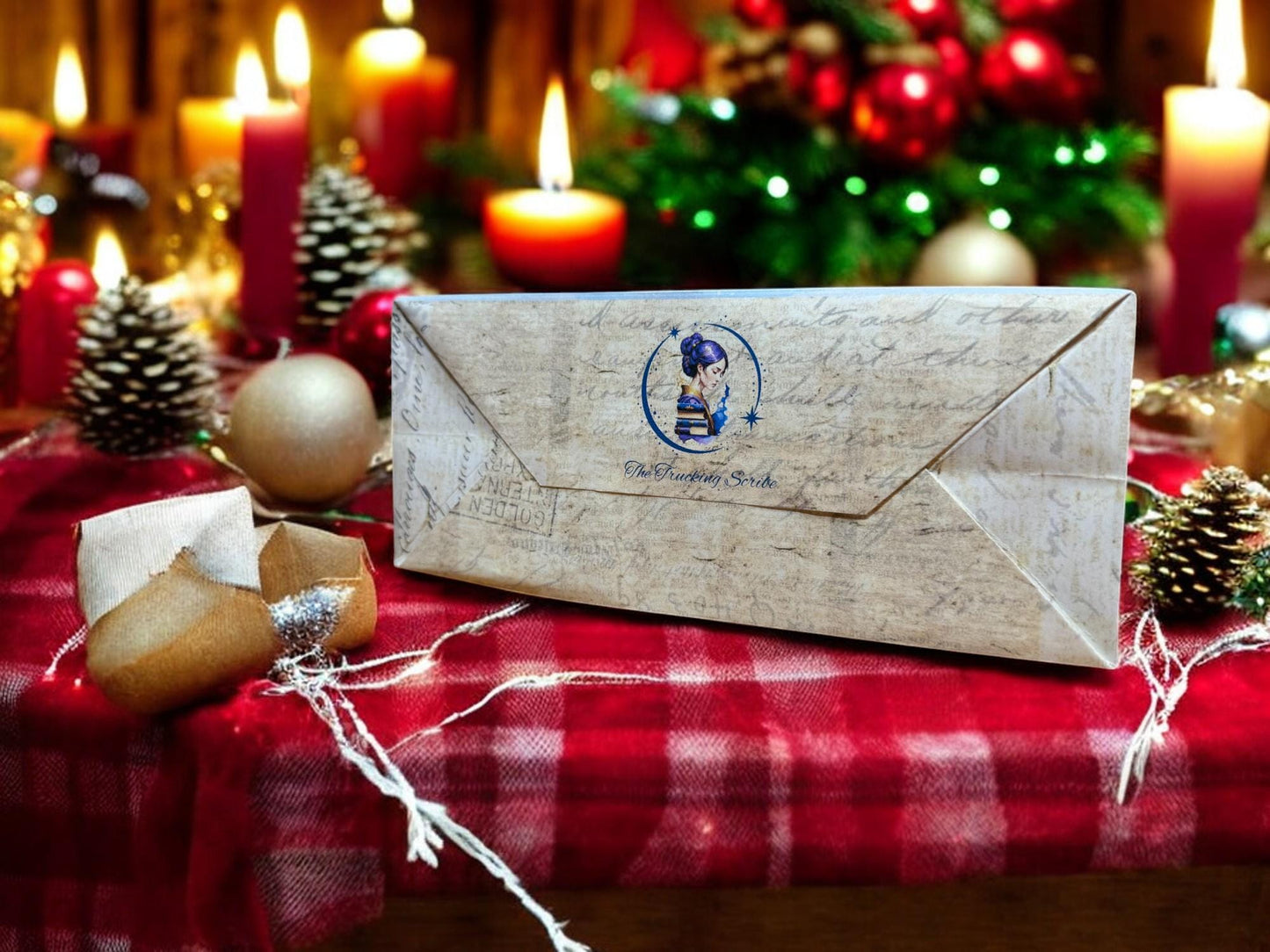 Santa & Scroll Gift Bag – 7″ × 6″ Handmade Christmas Favor, Merry Christmas Vintage Paper Bag (Peppermint Lane Collection)