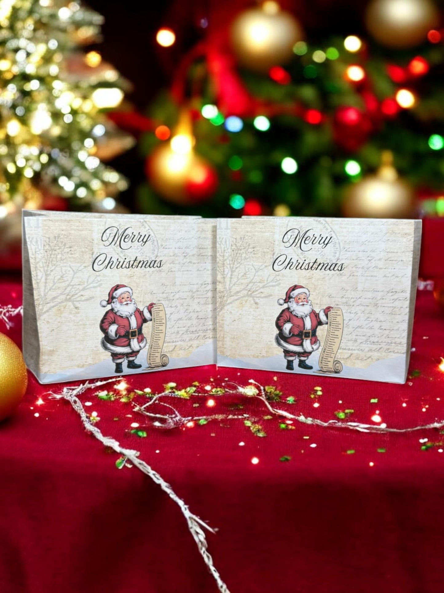 Santa & Scroll Gift Bag – 7″ × 6″ Handmade Christmas Favor, Merry Christmas Vintage Paper Bag (Peppermint Lane Collection)