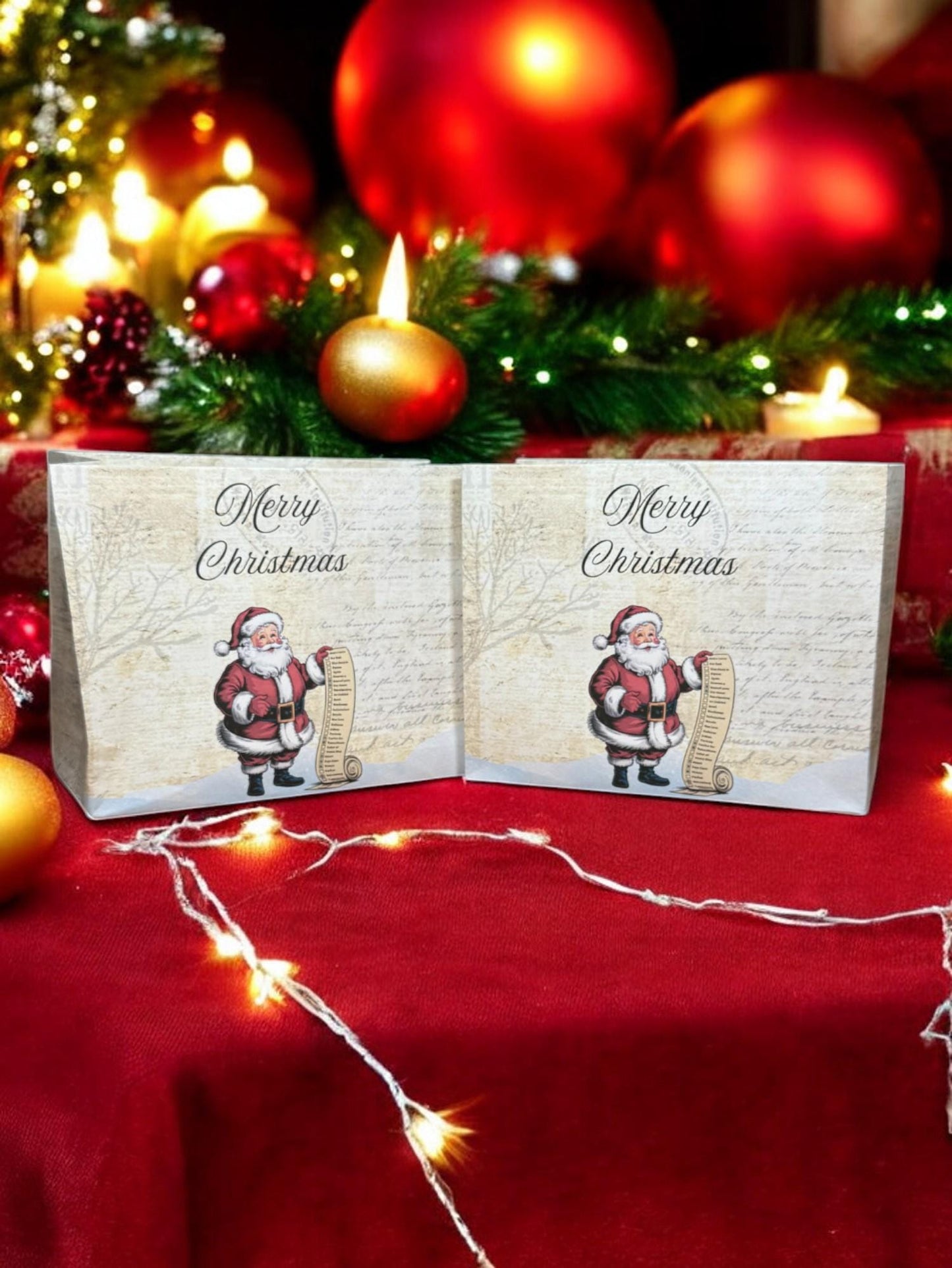 Santa & Scroll Gift Bag – 7″ × 6″ Handmade Christmas Favor, Merry Christmas Vintage Paper Bag (Peppermint Lane Collection)