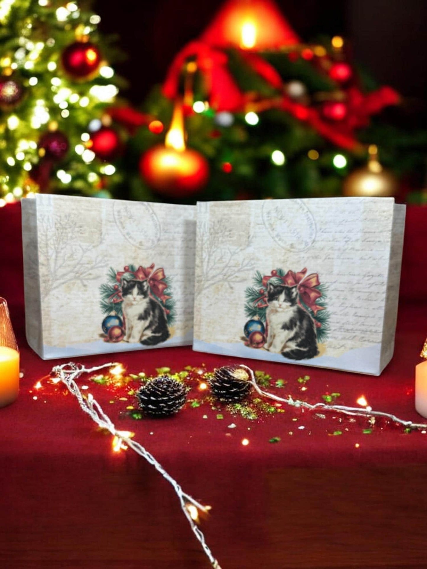 Christmas Cat Gift Bag – 7″ × 6″ Handmade Holiday Favor, Meowy Christmas Bag (Peppermint Lane Collection)