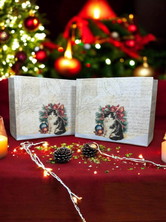 Christmas Cat Gift Bag – 7″ × 6″ Handmade Holiday Favor, Meowy Christmas Bag (Peppermint Lane Collection)