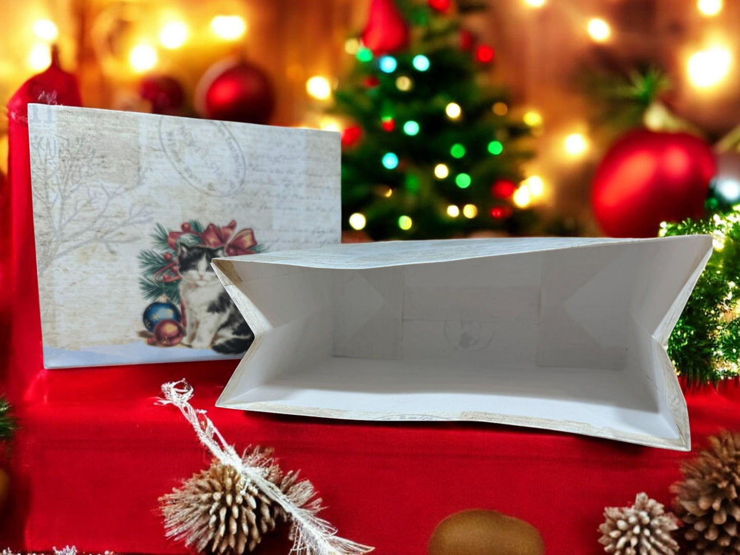 Christmas Cat Gift Bag – 7″ × 6″ Handmade Holiday Favor, Meowy Christmas Bag (Peppermint Lane Collection)