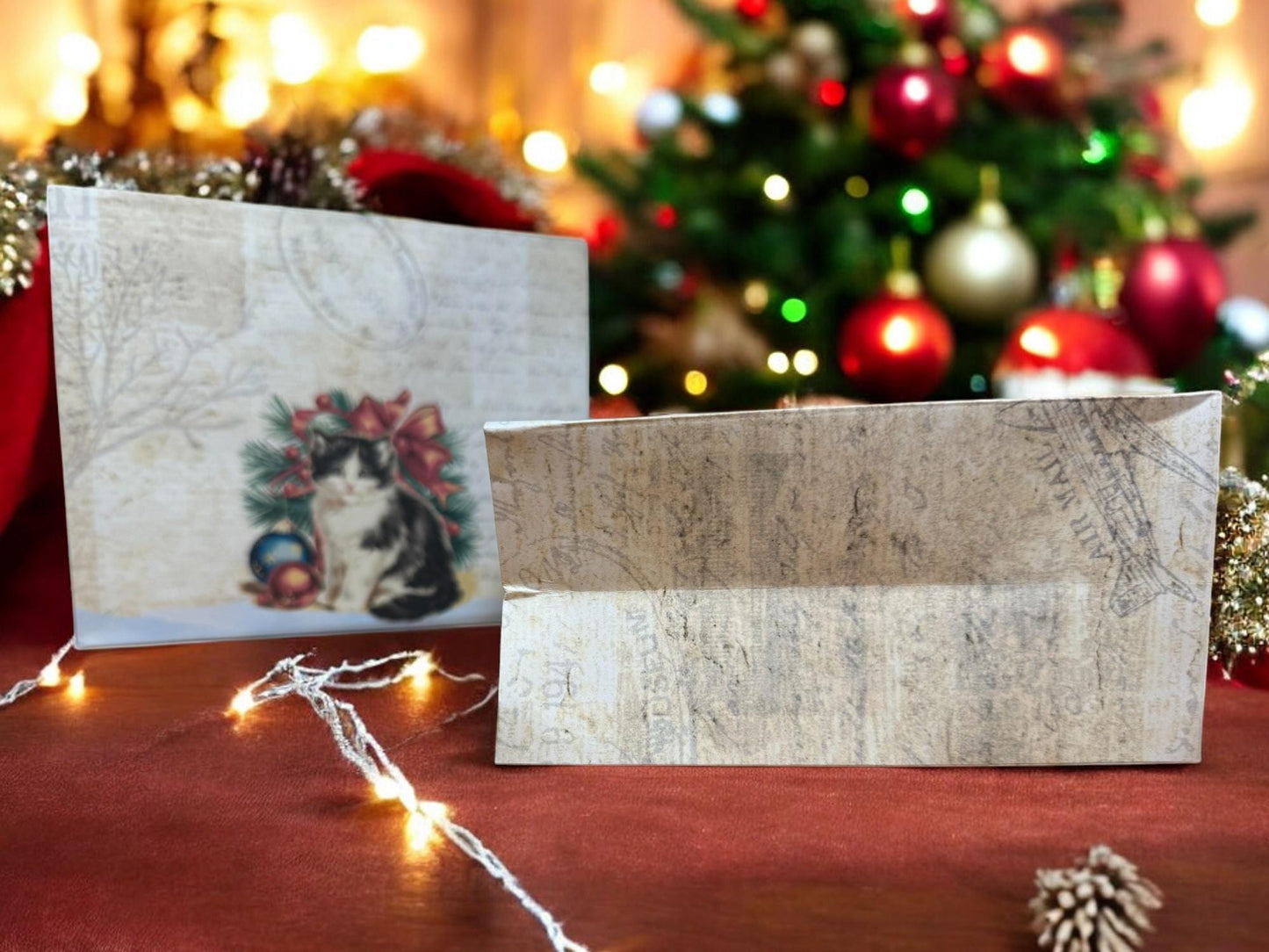 Christmas Cat Gift Bag – 7″ × 6″ Handmade Holiday Favor, Meowy Christmas Bag (Peppermint Lane Collection)