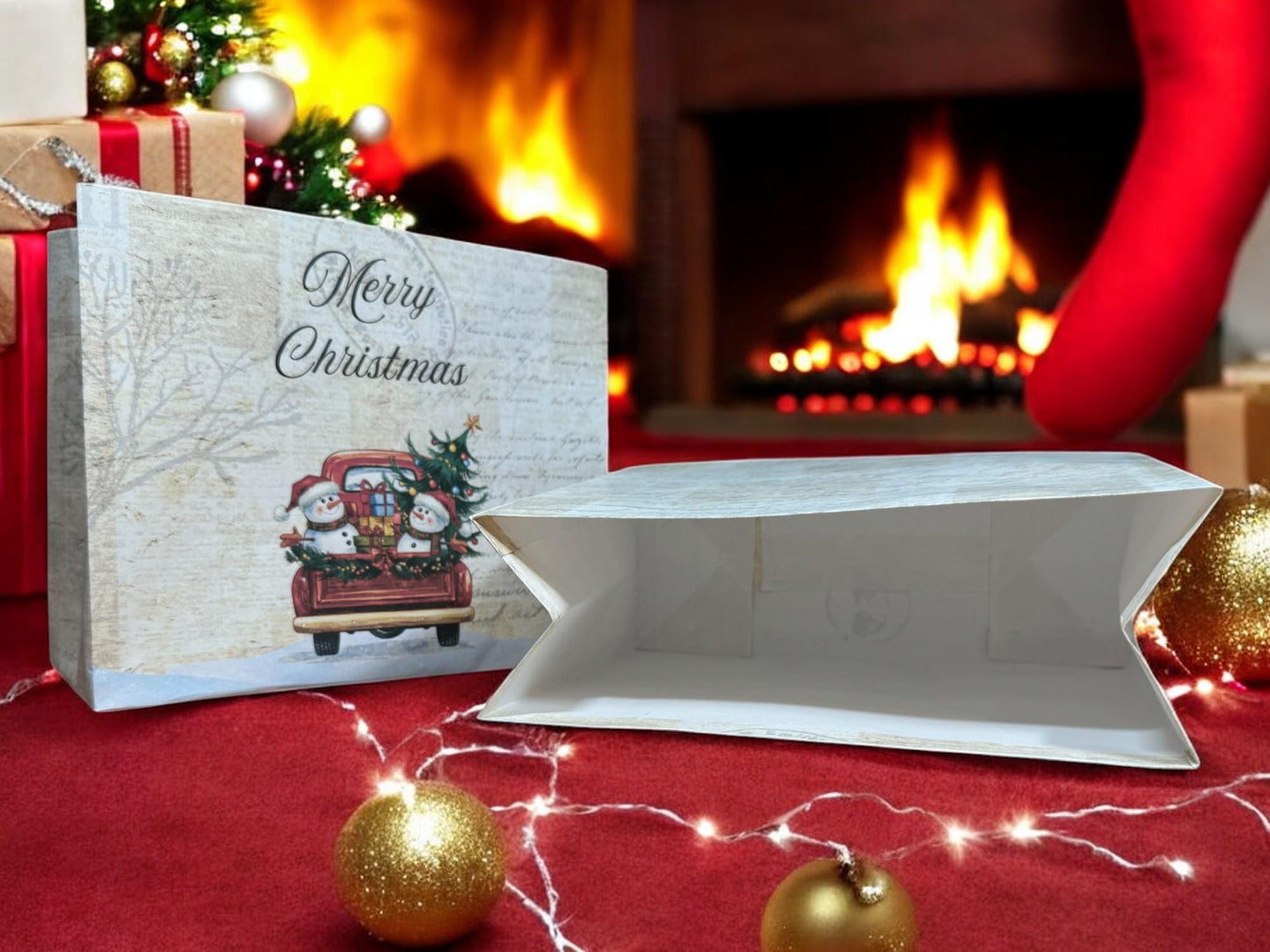 Christmas Snowmen & Truck Gift Bag • 7"x6" Holiday Party Favor • School Treat Bag • Reusable Gift Wrap • Winter Ephemera