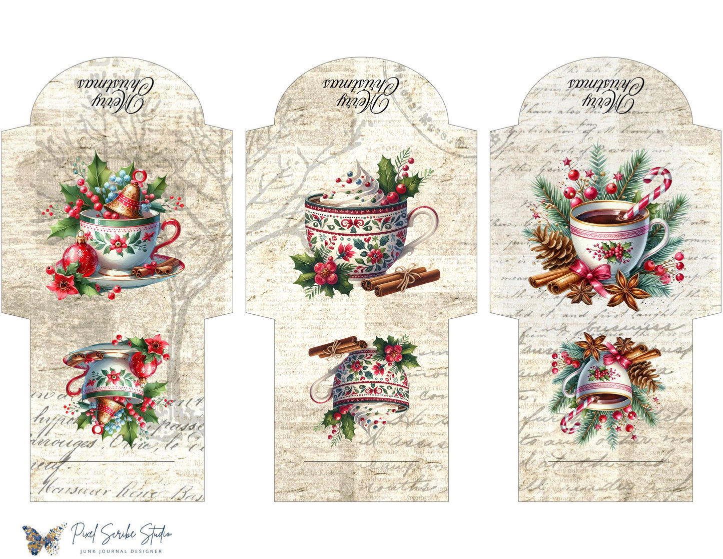 Christmas Tea Cup Mini Envelopes Printable Holiday Cocoa Mug Ephemera Craft PDF Digital Download