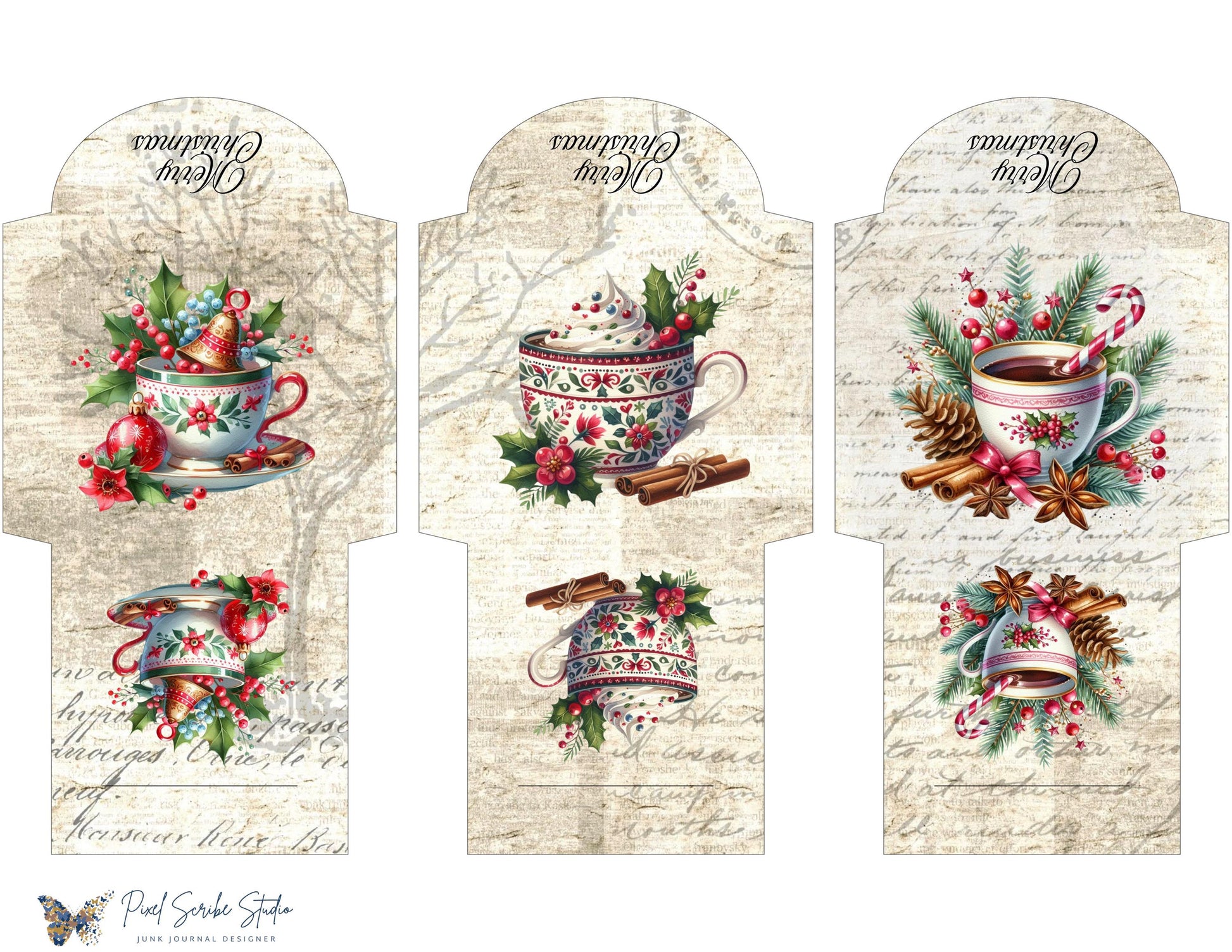 Christmas Tea Cup Mini Envelopes Printable Holiday Cocoa Mug Ephemera Craft PDF Digital Download