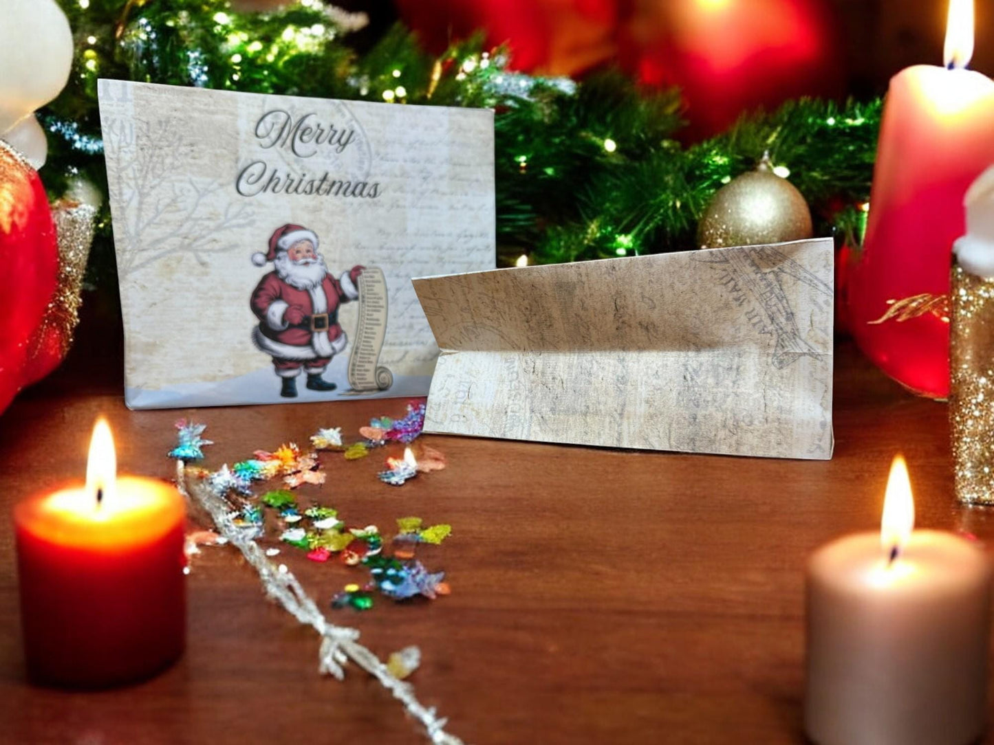 Santa & Scroll Gift Bag – 7″ × 6″ Handmade Christmas Favor, Merry Christmas Vintage Paper Bag (Peppermint Lane Collection)