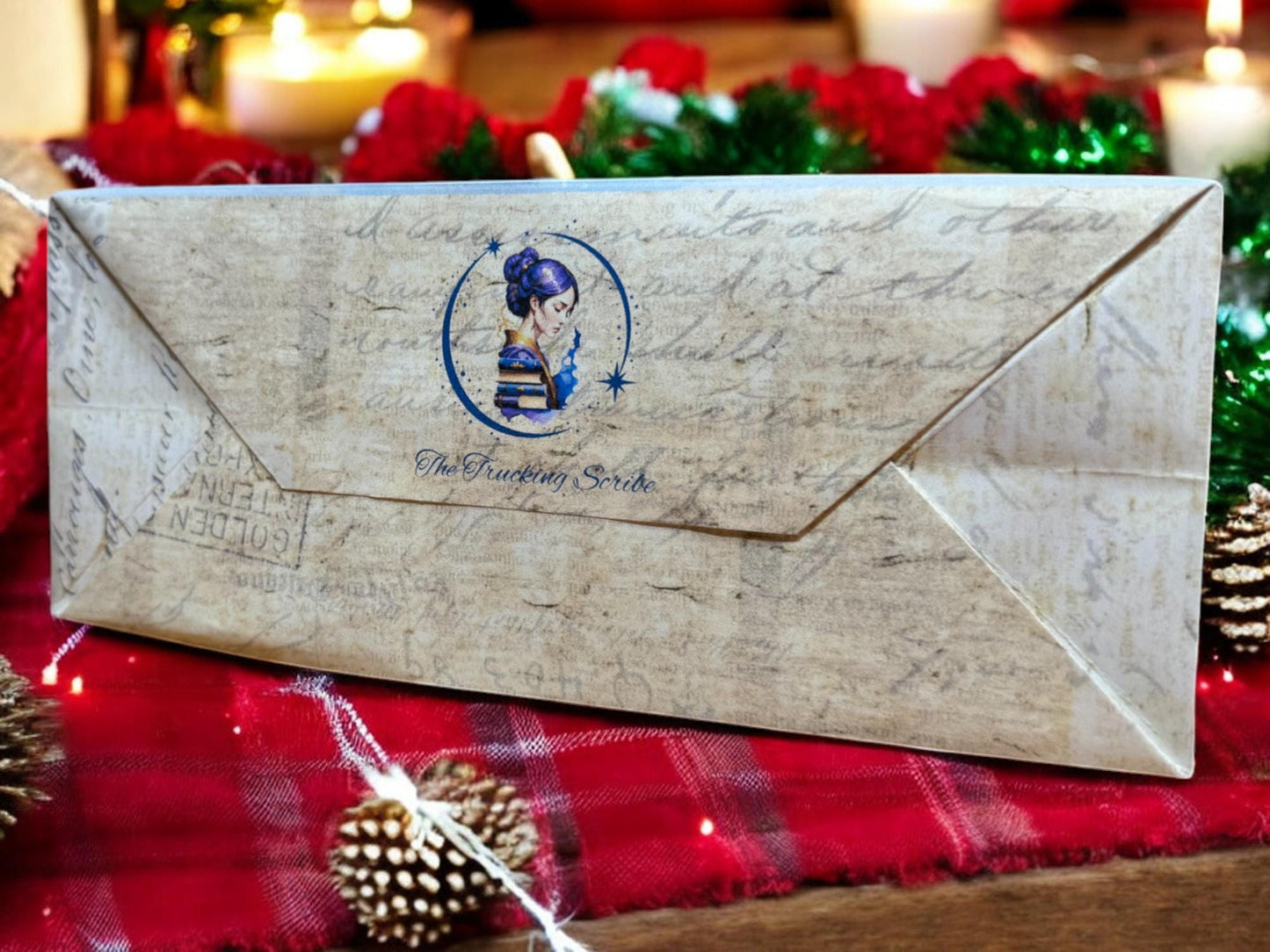 Santa & Scroll Gift Bag – 7″ × 6″ Handmade Christmas Favor, Merry Christmas Vintage Paper Bag (Peppermint Lane Collection)