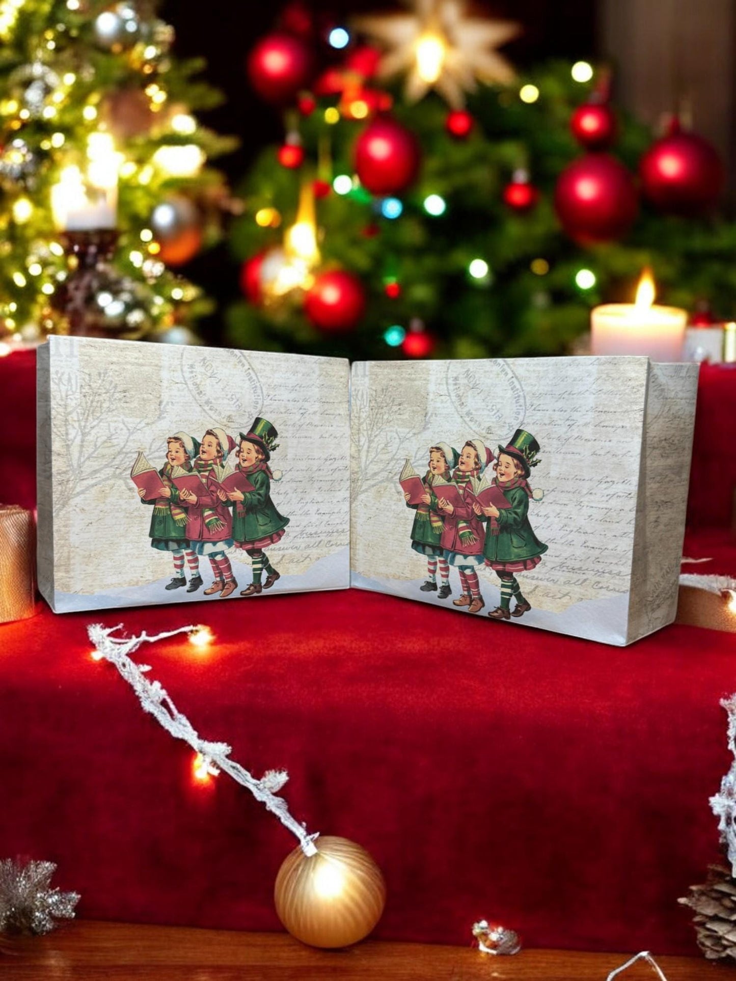 Christmas Caroling Gift Bag • 7" x 6" Holiday Favor • Party Treat Bag • Vintage Carolers Design • Reusable Gift Wrap