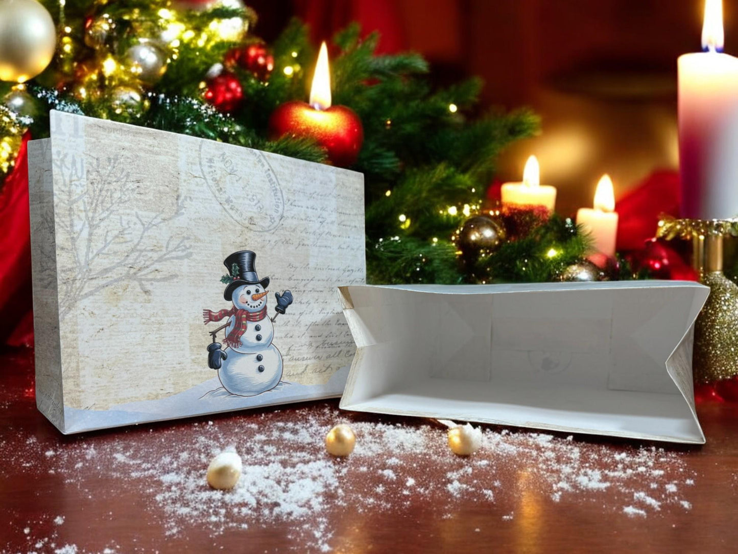 Christmas Snowman Gift Bag – 7″ × 6″ Handmade Bag, Printed Paper Favor, Holiday Gift Wrap, Peppermint Lane Packaging