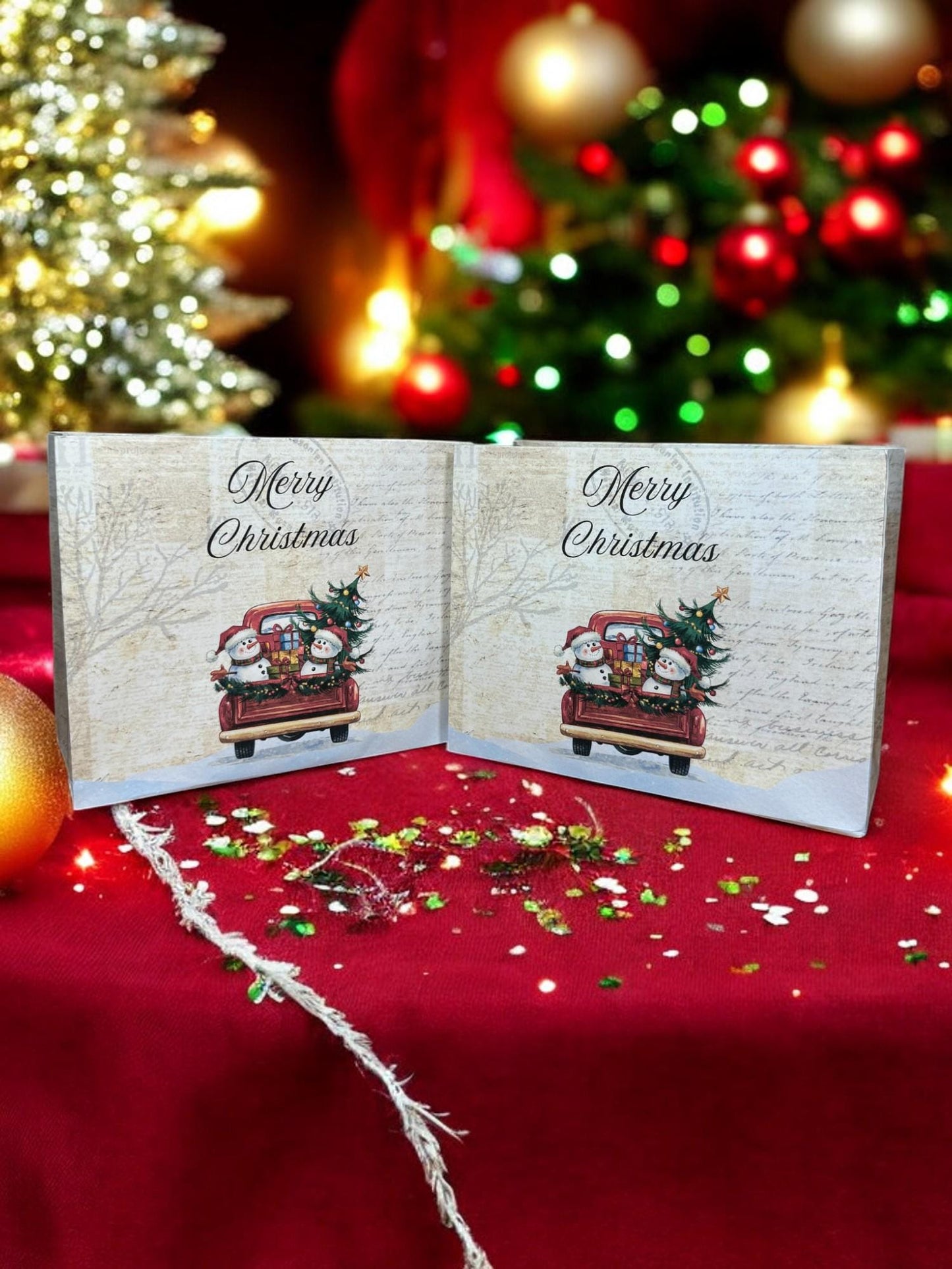 Christmas Snowmen & Truck Gift Bag • 7"x6" Holiday Party Favor • School Treat Bag • Reusable Gift Wrap • Winter Ephemera