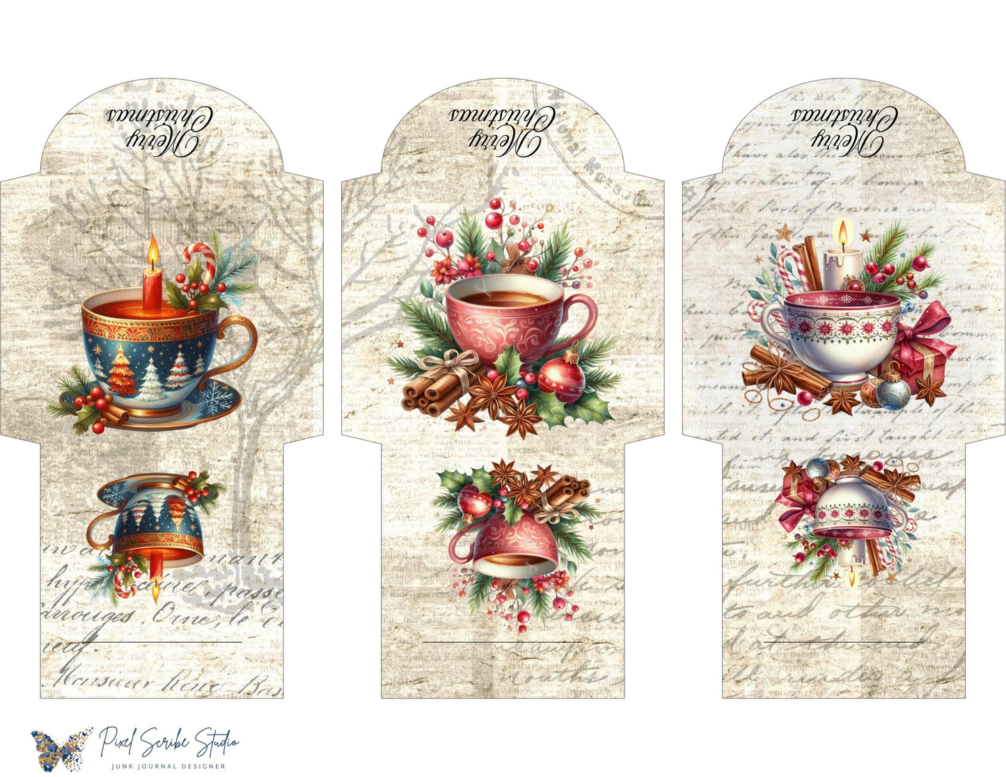 Christmas Tea Cup Mini Envelopes Printable Holiday Cocoa Mug Ephemera Craft PDF Digital Download