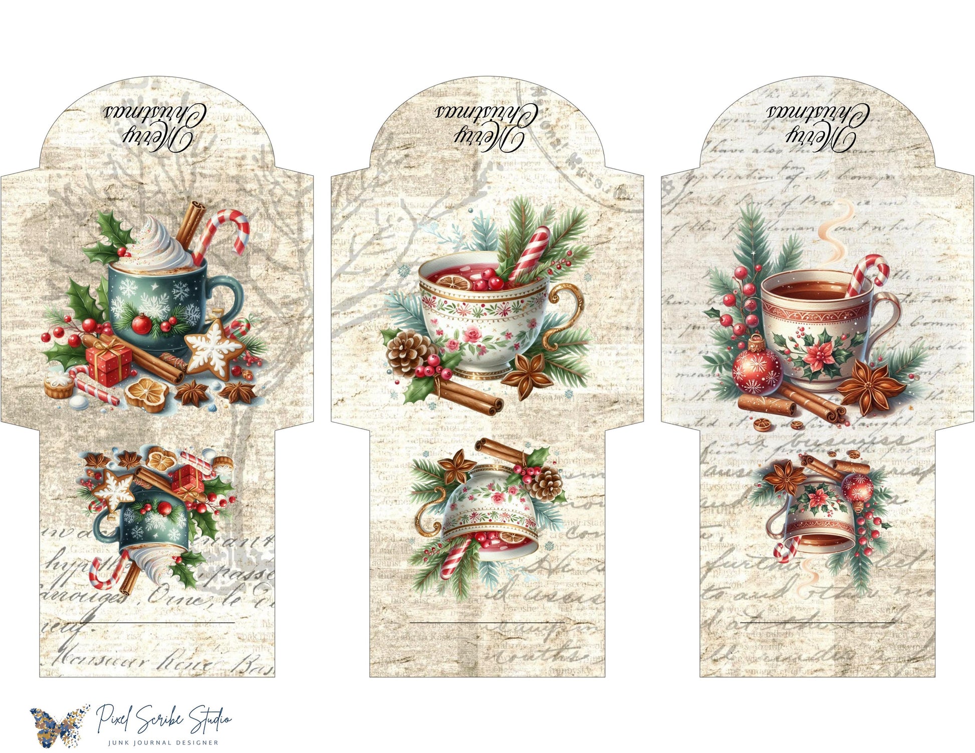 Christmas Tea Cup Mini Envelopes Printable Holiday Cocoa Mug Ephemera Craft PDF Digital Download