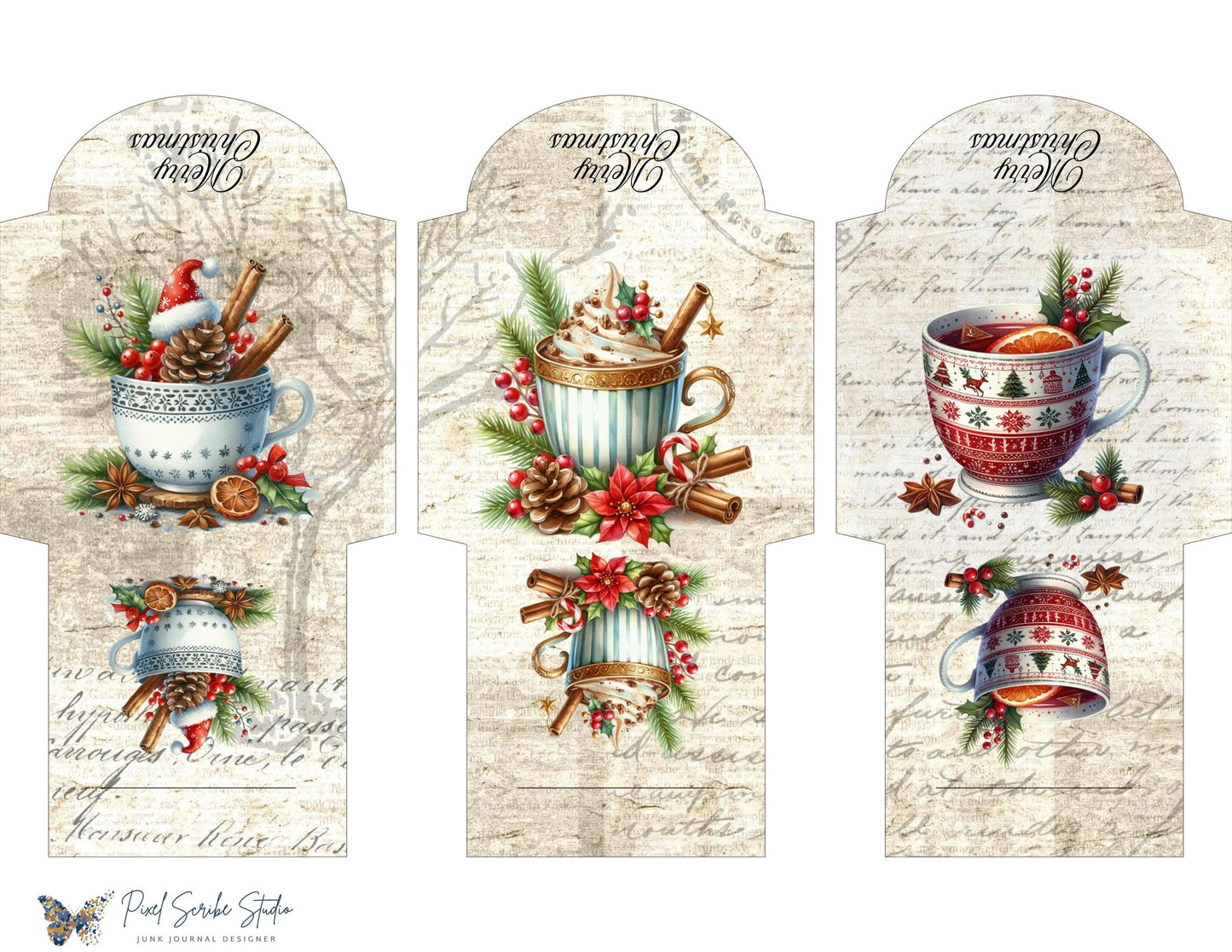 Christmas Tea Cup Mini Envelopes Printable Holiday Cocoa Mug Ephemera Craft PDF Digital Download