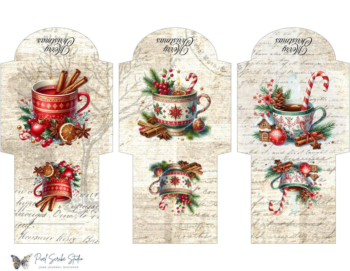 Christmas Tea Cup Mini Envelopes Printable Holiday Cocoa Mug Ephemera Craft PDF Digital Download