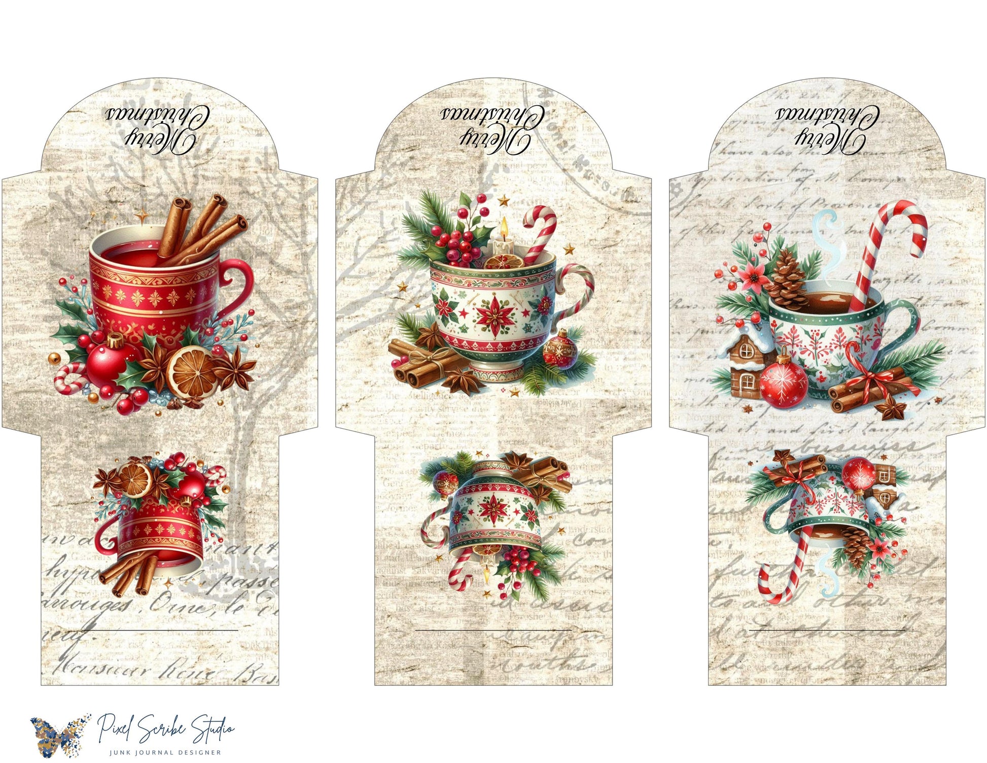 Christmas Tea Cup Mini Envelopes Printable Holiday Cocoa Mug Ephemera Craft PDF Digital Download