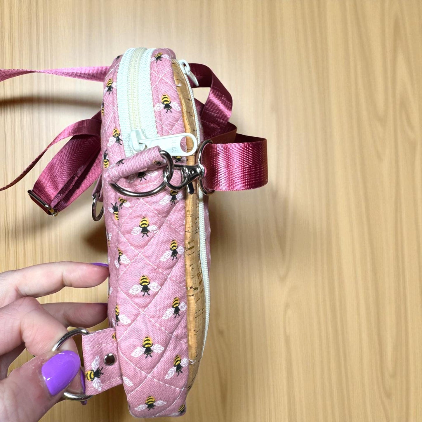 Busy Bee Bag – Maker’s Sample Quilted Pink Convertible Crossbody Sling or Backpack, 6x8 Handmade Bag with 3 Zippers, Card Slots & Pockets