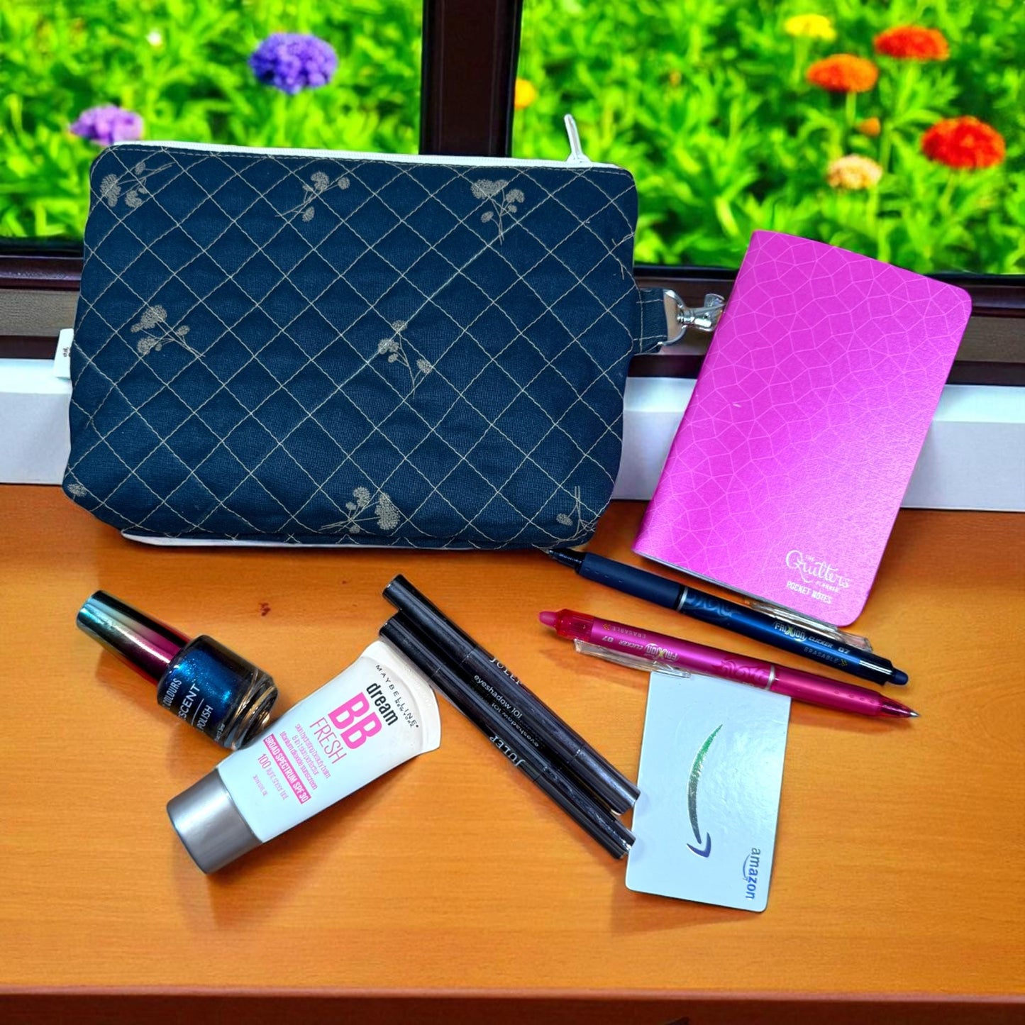 Midnight Garden Quilted Zipper Pouch 8x6x1.5 | Handmade Cosmetic Bag | Halloween Floral Travel Pouch | Reusable Gift Bag for Makeup & More