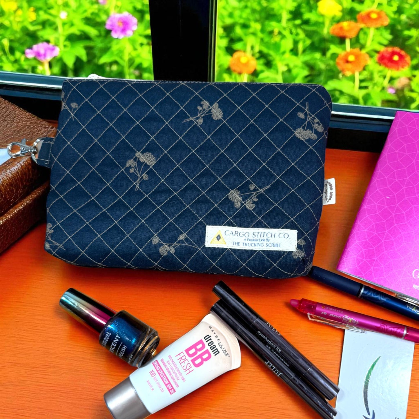 Midnight Garden Quilted Zipper Pouch 8x6x1.5 | Handmade Cosmetic Bag | Halloween Floral Travel Pouch | Reusable Gift Bag for Makeup & More