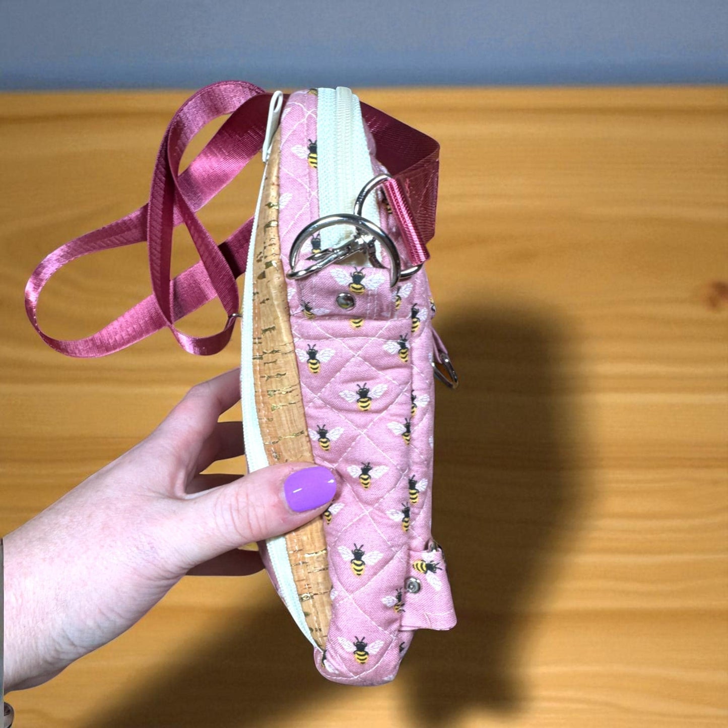 Busy Bee Bag – Maker’s Sample Quilted Pink Convertible Crossbody Sling or Backpack, 6x8 Handmade Bag with 3 Zippers, Card Slots & Pockets