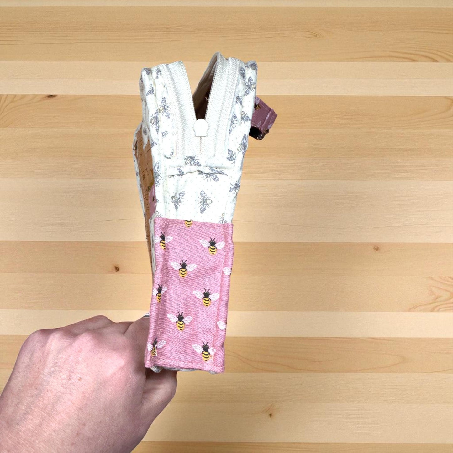 Busy Bee Bag – Maker’s Sample Quilted Pink Convertible Crossbody Sling or Backpack, 6x8 Handmade Bag with 3 Zippers, Card Slots & Pockets