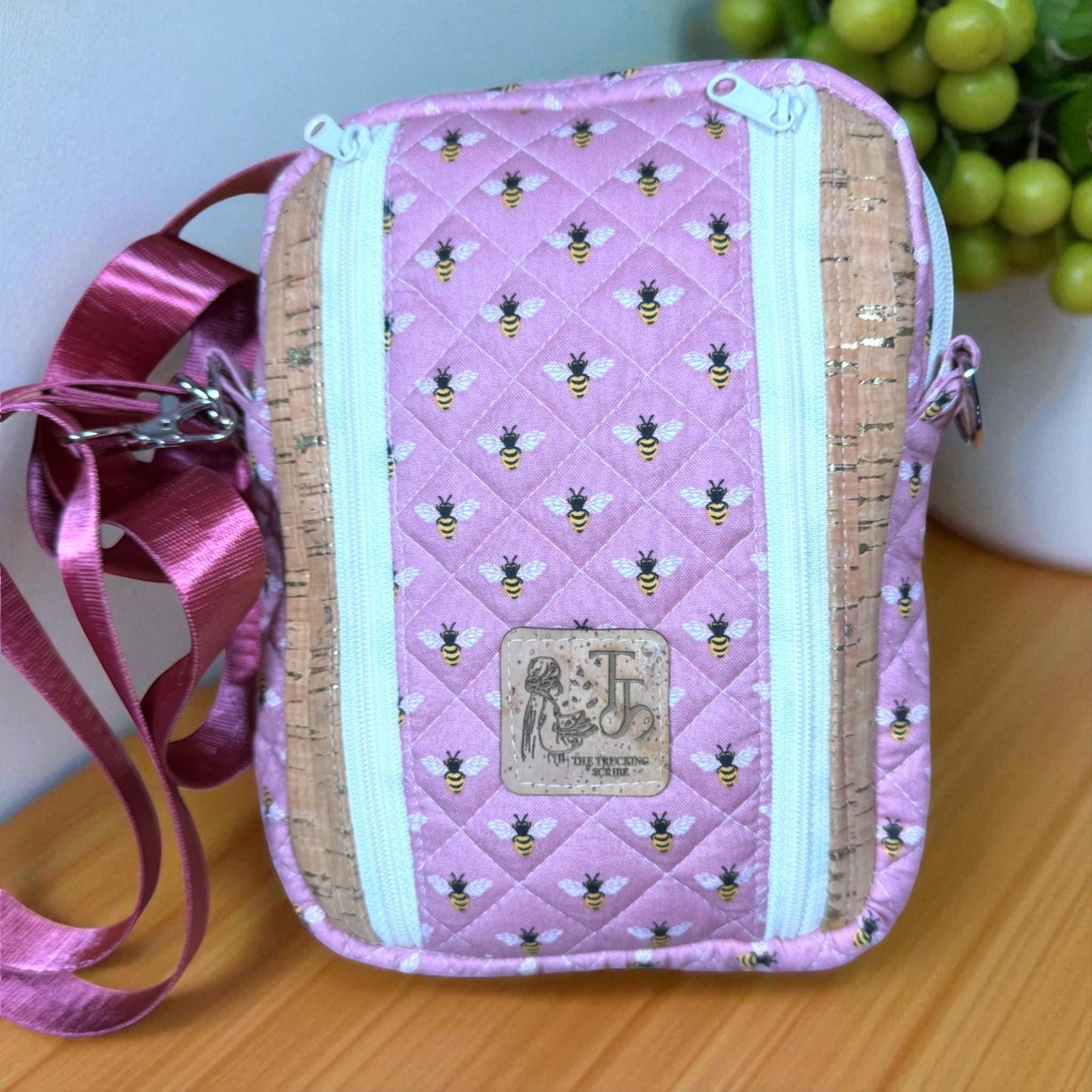 Busy Bee Bag – Maker’s Sample Quilted Pink Convertible Crossbody Sling or Backpack, 6x8 Handmade Bag with 3 Zippers, Card Slots & Pockets