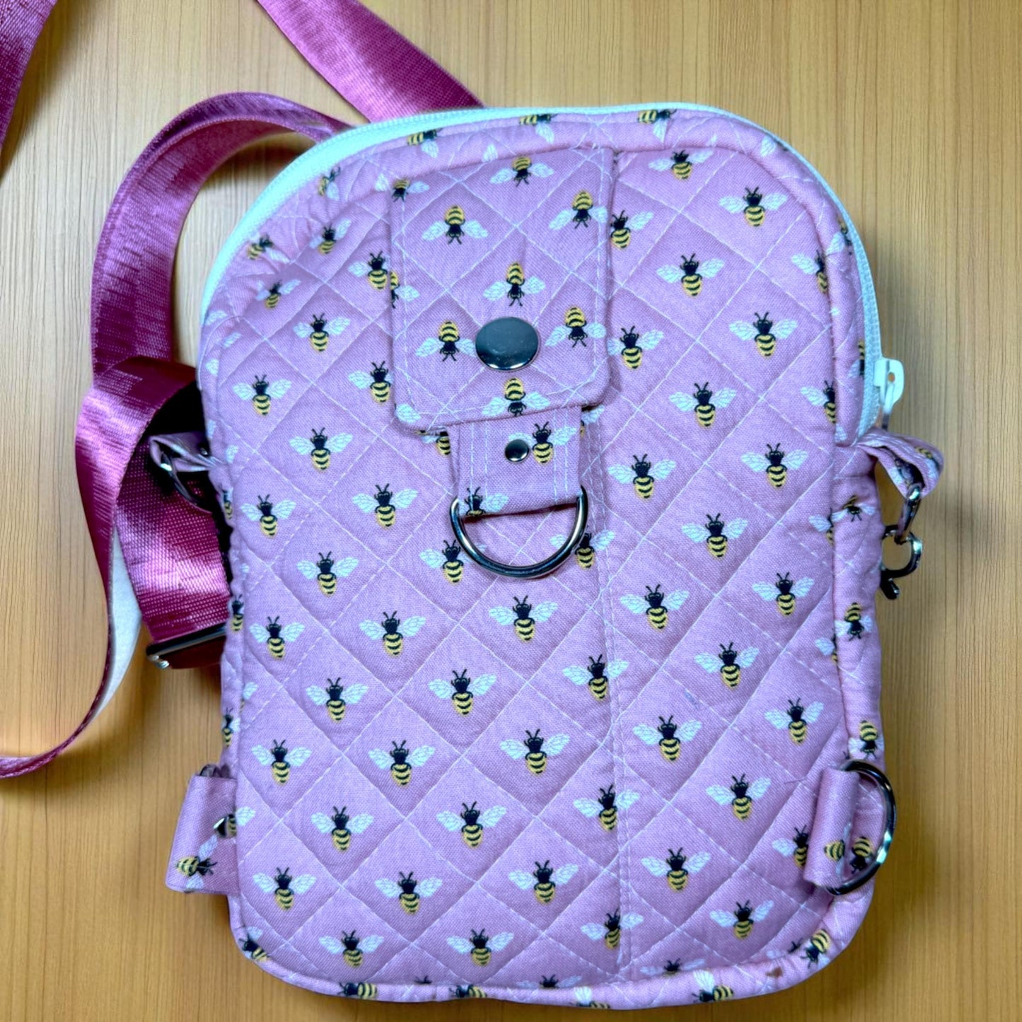 Busy Bee Bag – Maker’s Sample Quilted Pink Convertible Crossbody Sling or Backpack, 6x8 Handmade Bag with 3 Zippers, Card Slots & Pockets
