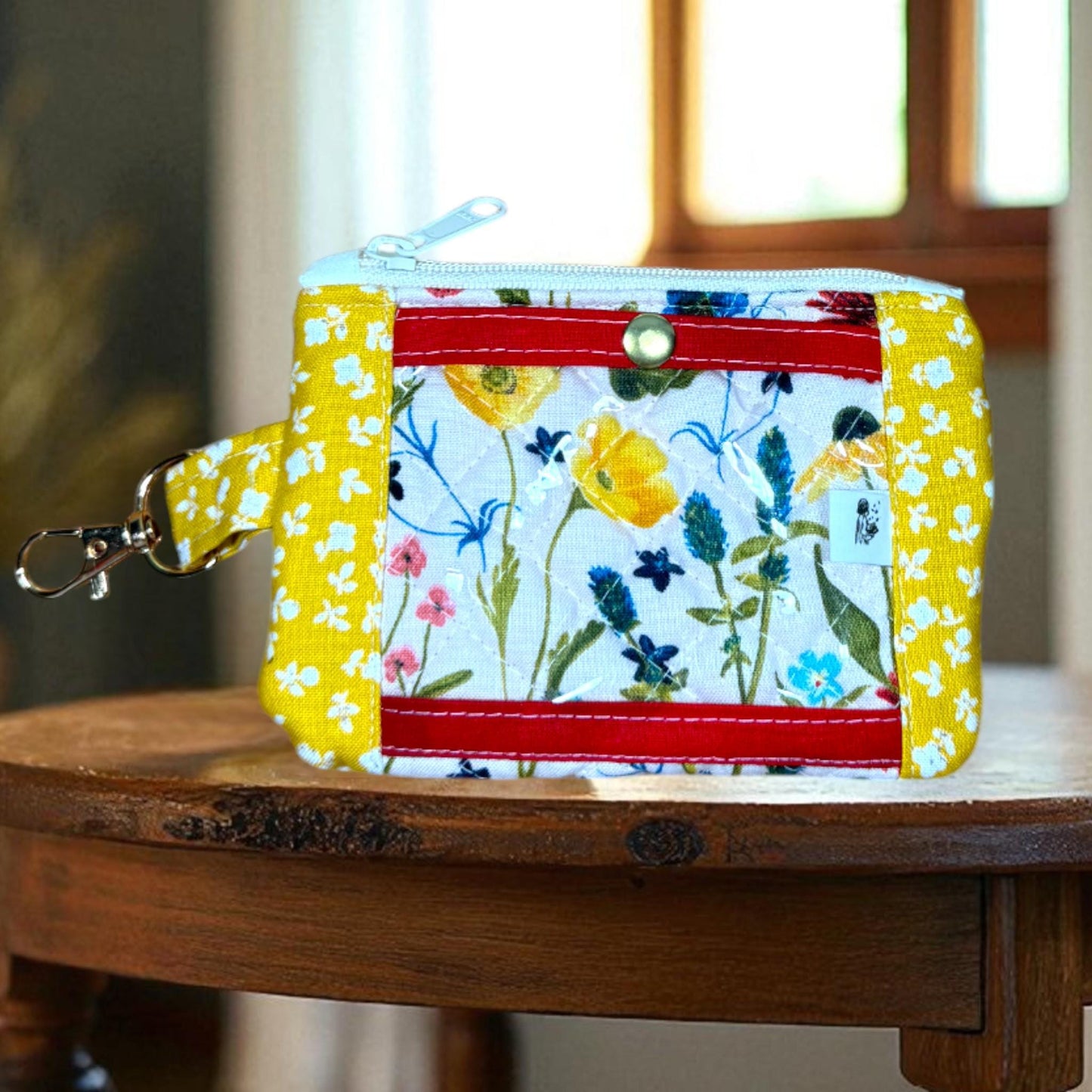 Wildflower Road Manifest Wallet, Quilted Zipper Wallet with Clear Pocket, Snap Pocket & Card Slot — Handmade 5.5” x 4"