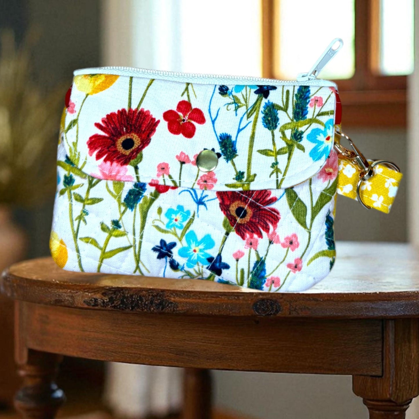 Wildflower Road Manifest Wallet, Quilted Zipper Wallet with Clear Pocket, Snap Pocket & Card Slot — Handmade 5.5” x 4"