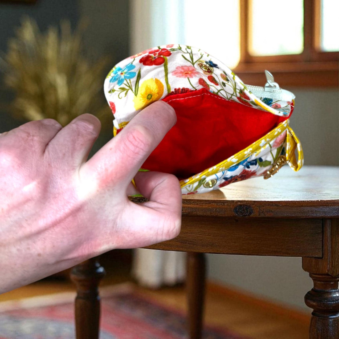 Wildflower Road Manifest Wallet, Quilted Zipper Wallet with Clear Pocket, Snap Pocket & Card Slot — Handmade 5.5” x 4"