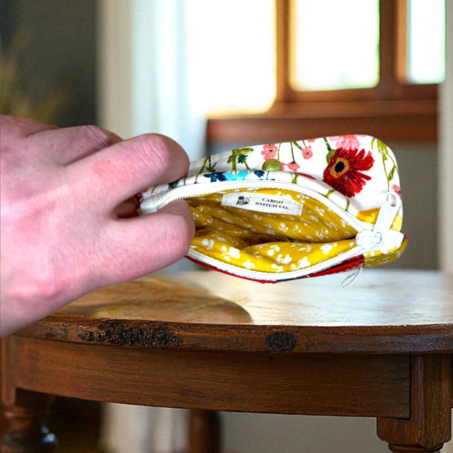 Wildflower Road Manifest Wallet, Quilted Zipper Wallet with Clear Pocket, Snap Pocket & Card Slot — Handmade 5.5” x 4"