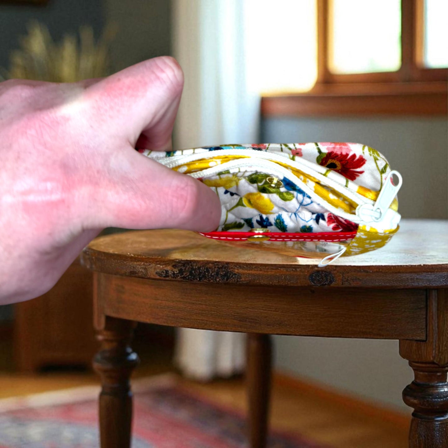 Wildflower Road Manifest Wallet, Quilted Zipper Wallet with Clear Pocket, Snap Pocket & Card Slot — Handmade 5.5” x 4"