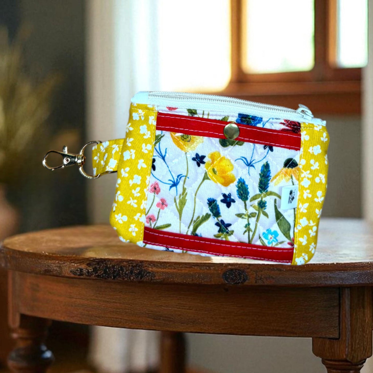 Wildflower Road Manifest Wallet, Quilted Zipper Wallet with Clear Pocket, Snap Pocket & Card Slot — Handmade 5.5” x 4"