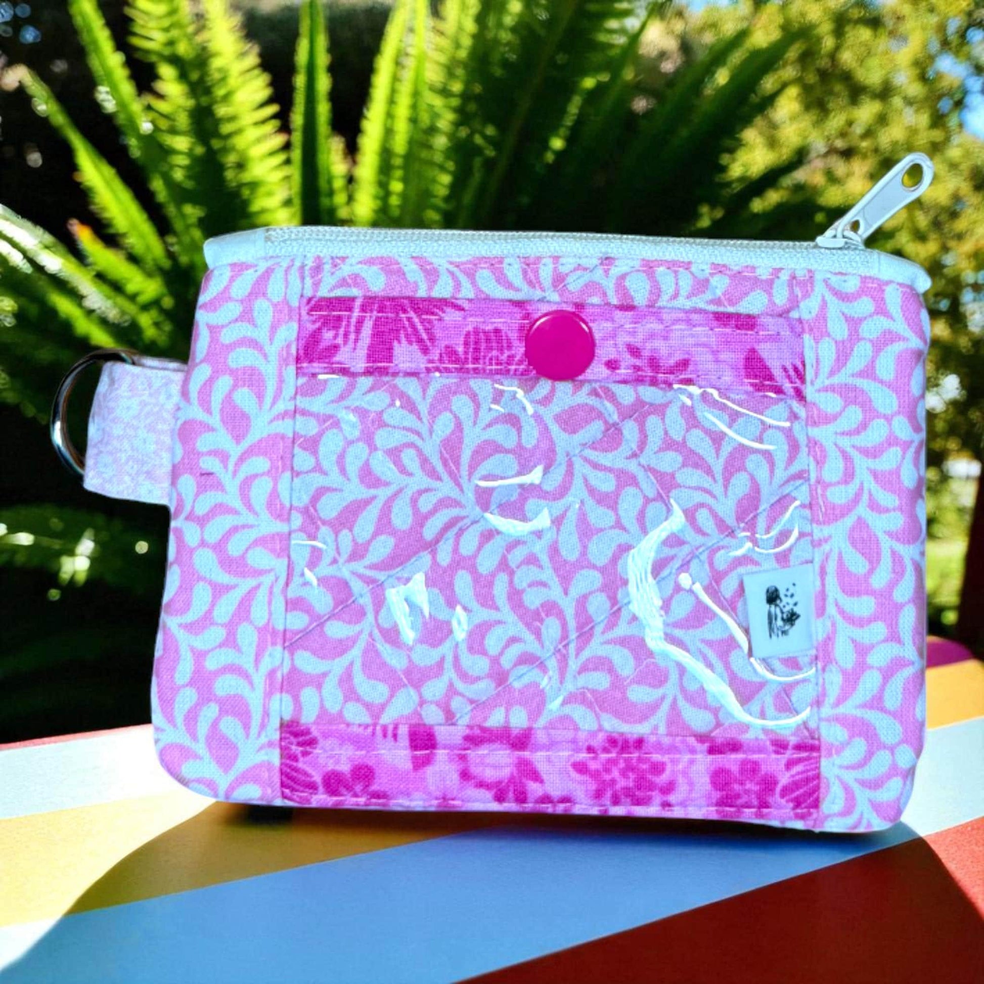 Pink Meadow Manifest Quilted Cotton ID Wallet - Handmade Floral Card Holder Minimalist Compact Travel Gift