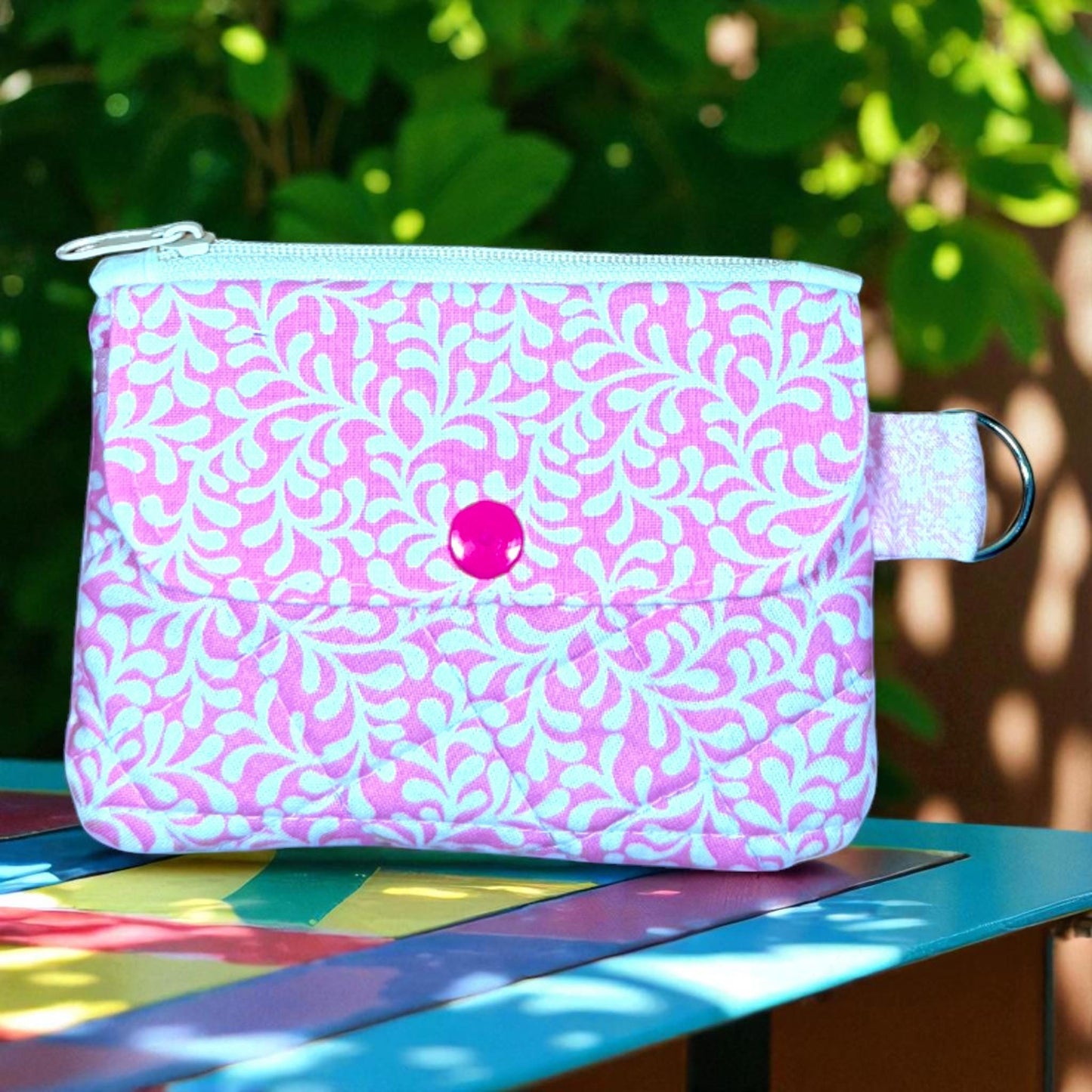 Pink Meadow Manifest Quilted Cotton ID Wallet - Handmade Floral Card Holder Minimalist Compact Travel Gift