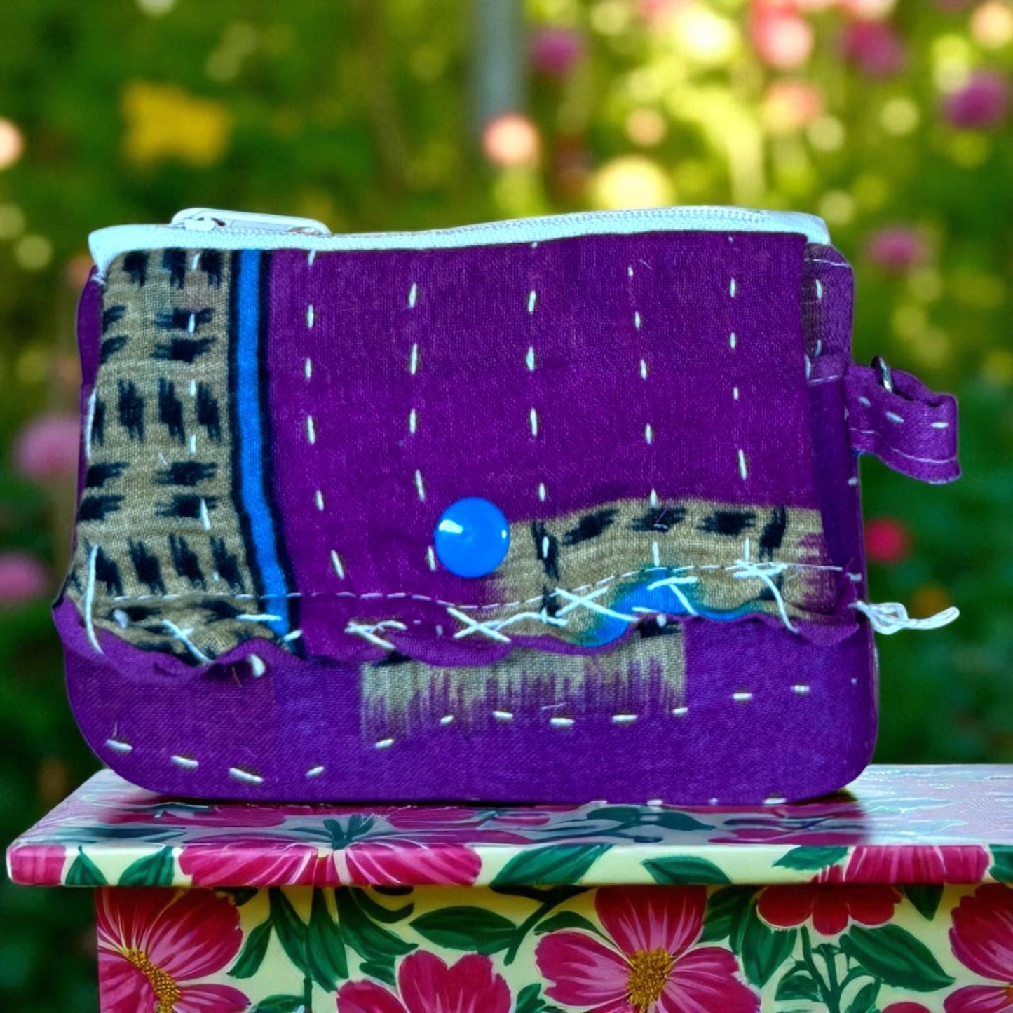 Handmade Kantha Quilted Wallet: Boho Purple Card Holder